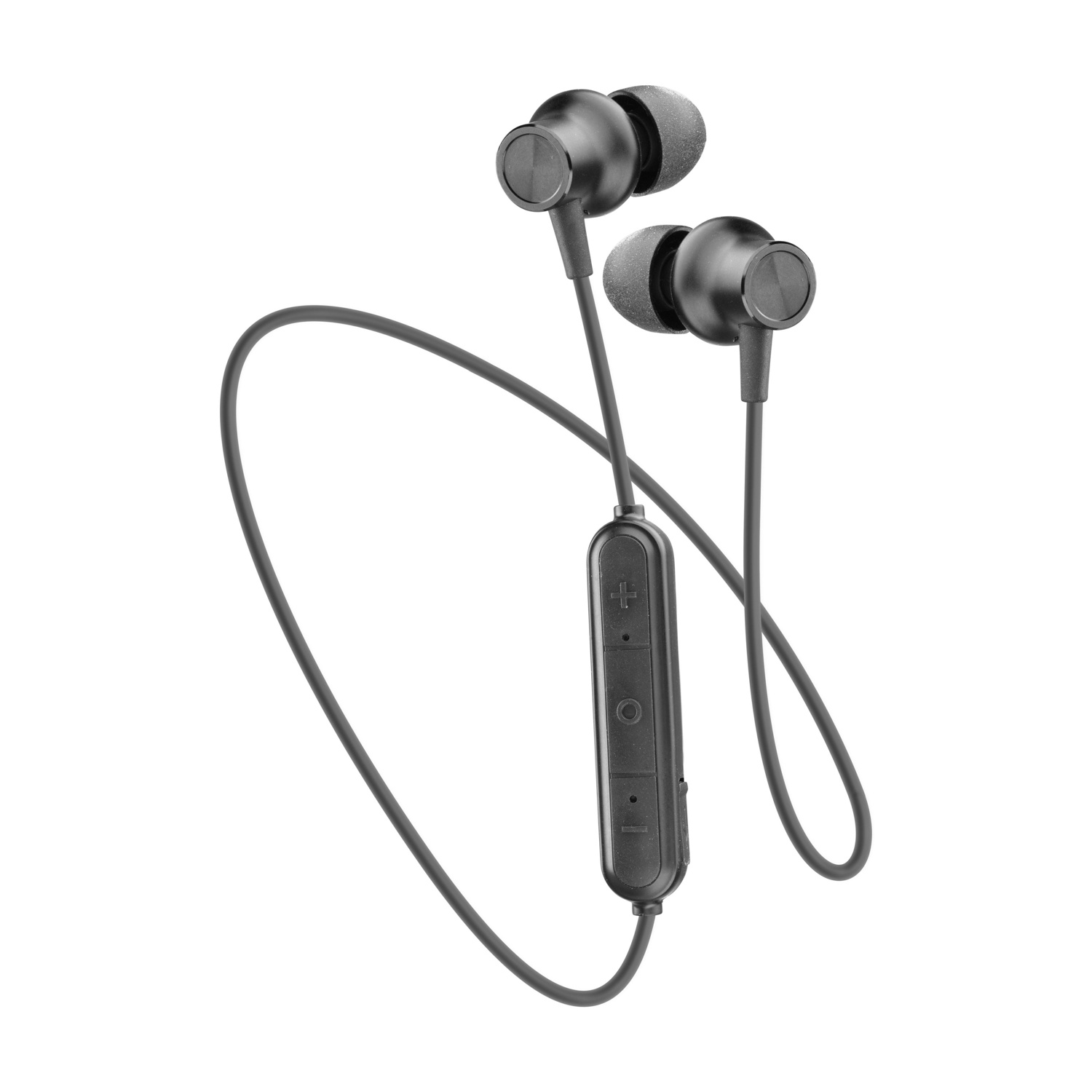 Auricolari neri in-ear con filo e telecomando, su sfondo bianco.