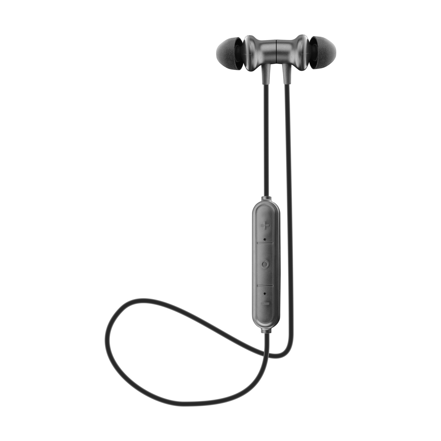 Auricolari grigi con cavo nero e telecomando.