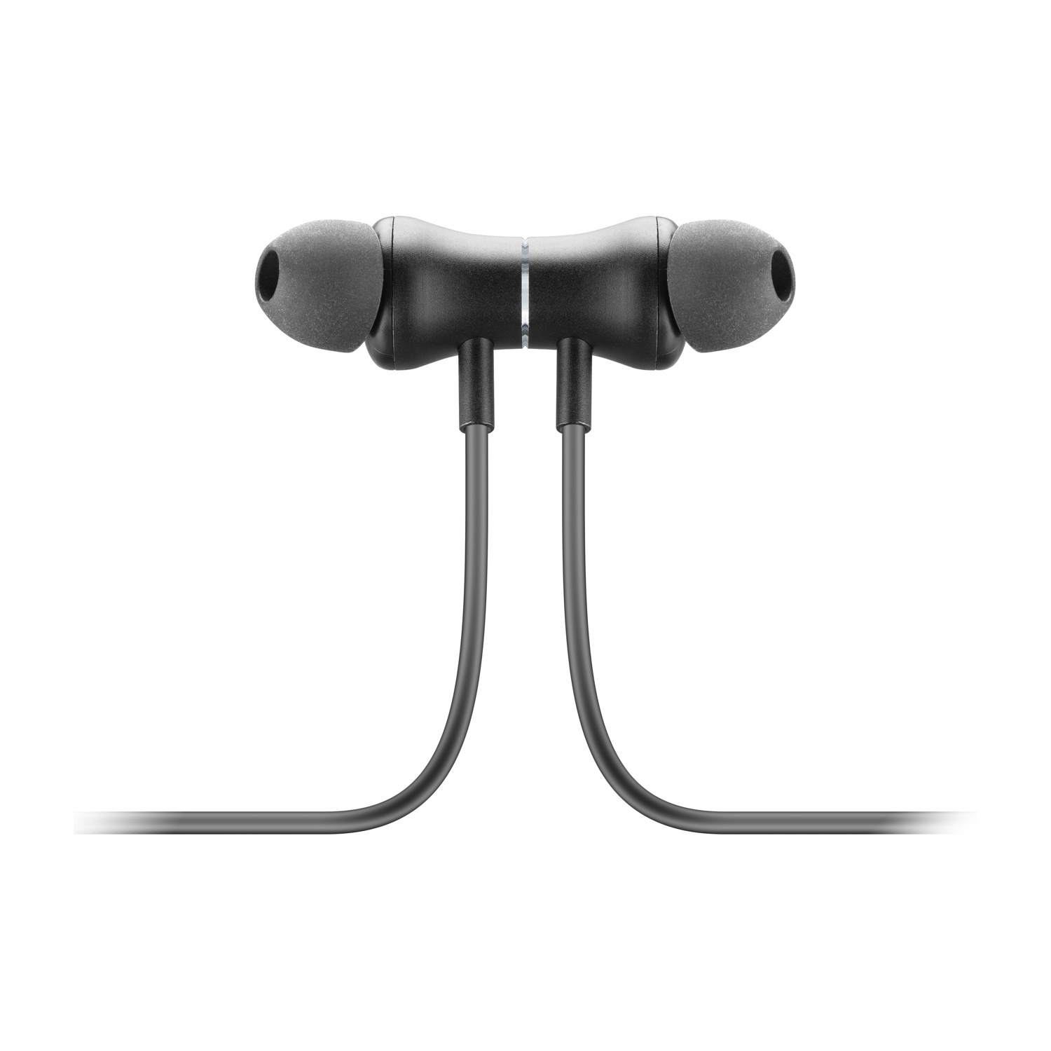 Auricolari neri con auricolari e cavi, su sfondo bianco.