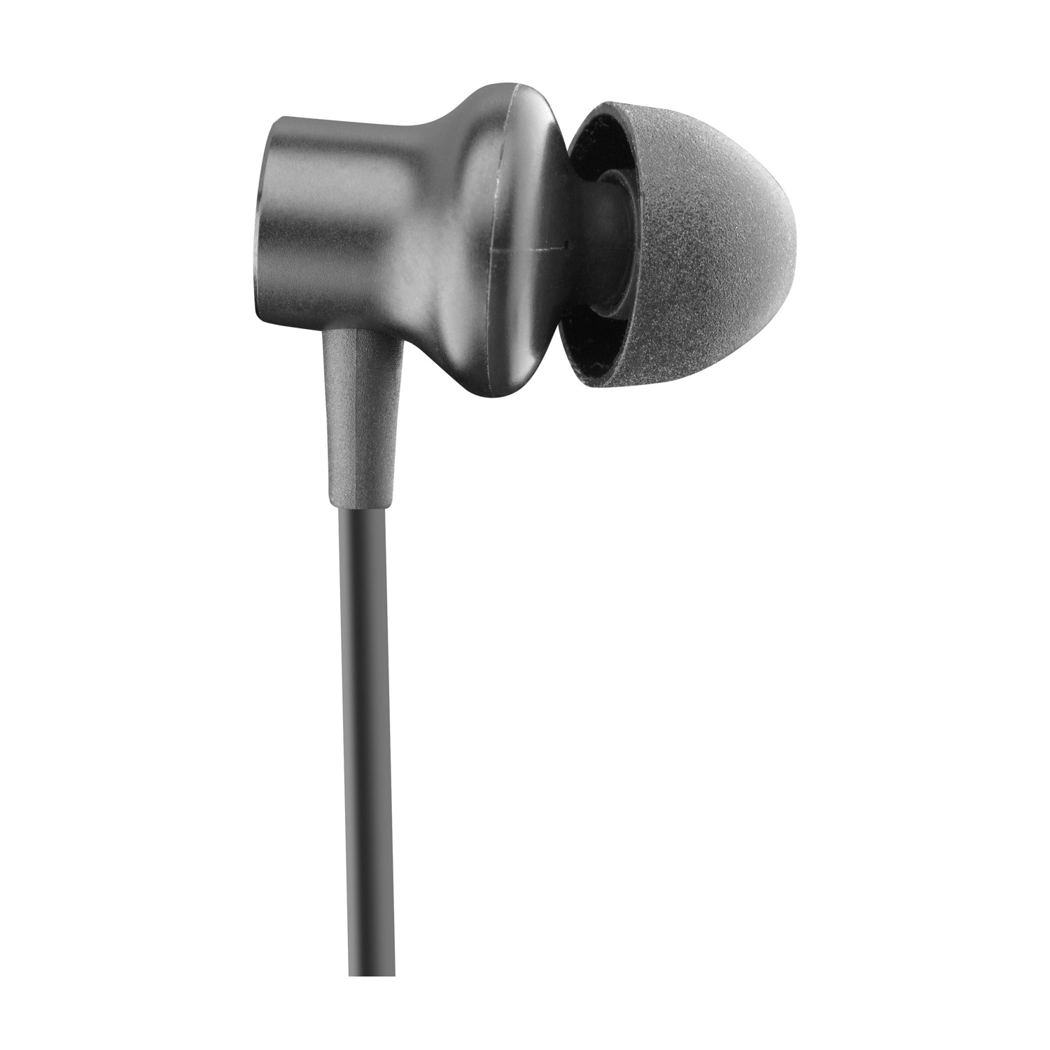 Un auricolare in-ear nero con punta in silicone, isolato su sfondo bianco.