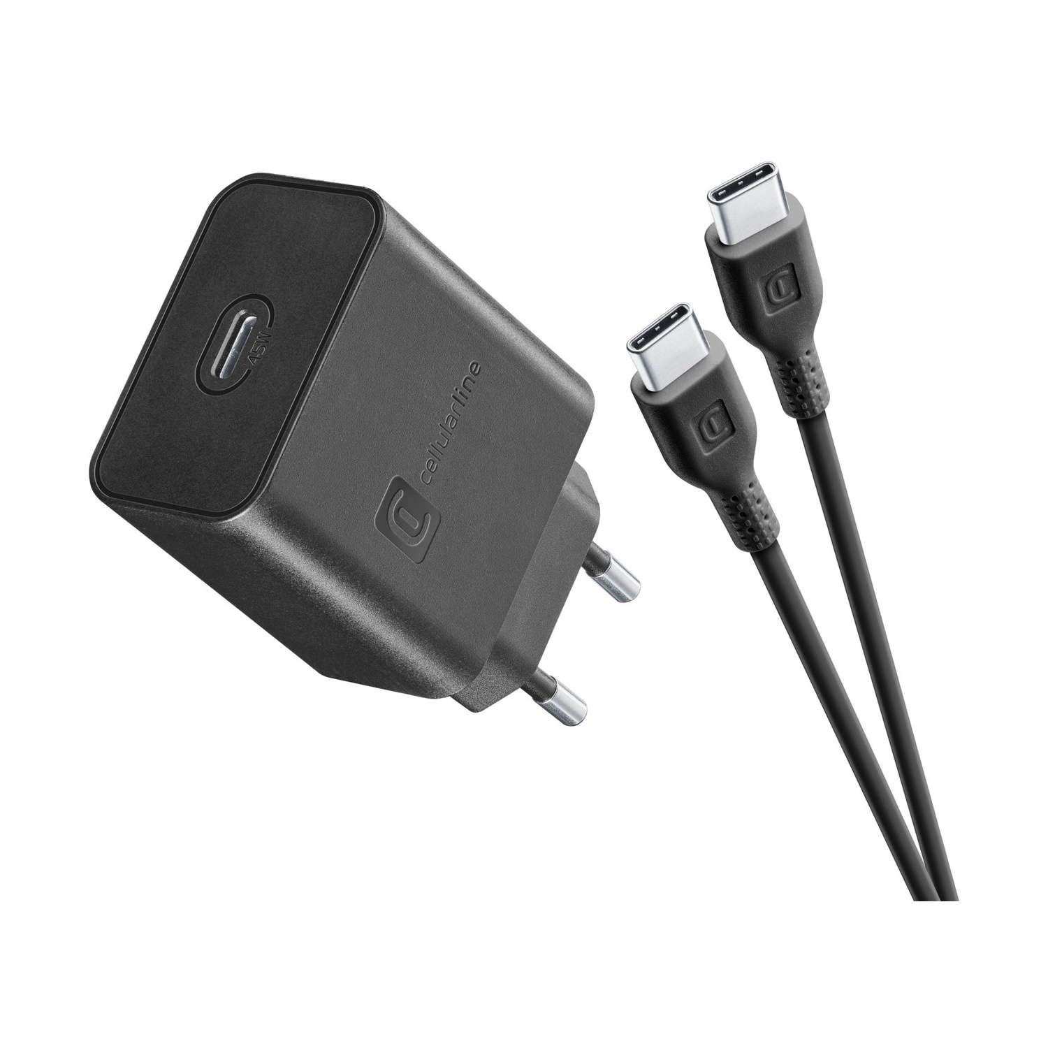 Un caricabatterie nero con due cavi USB-C, isolato su bianco.