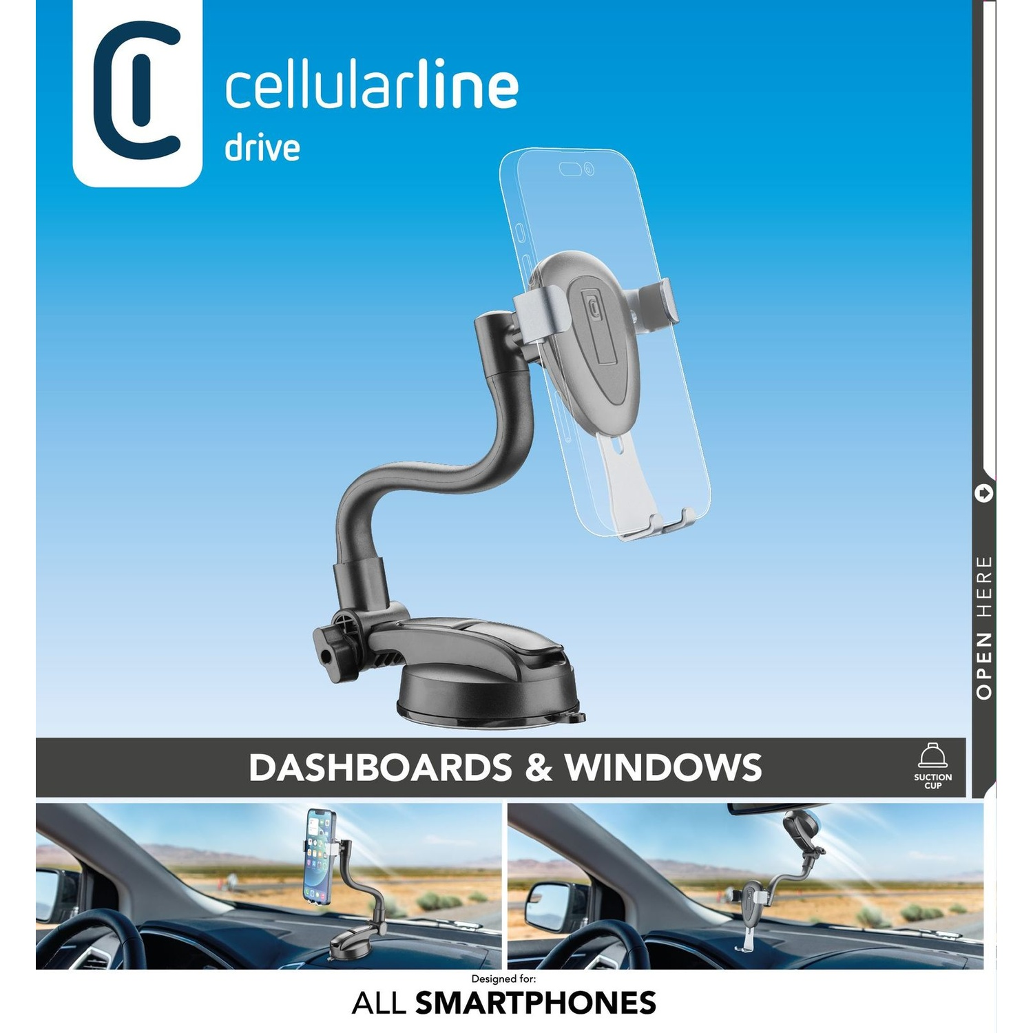 Supporto telefono Cellularline con ventosa per cruscotti e finestrini.