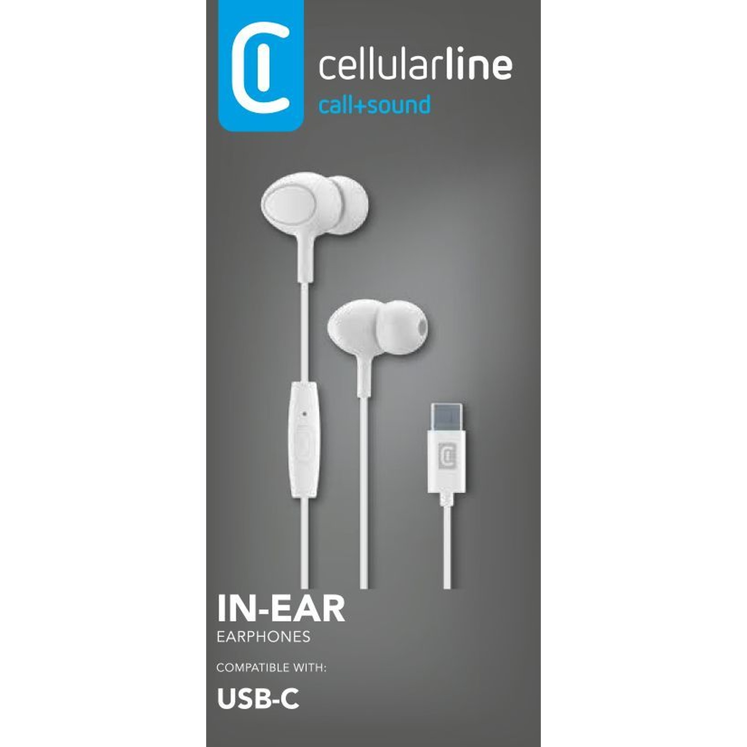 Auricolari bianchi in-ear con connettore USB-C e logo Cellularline.