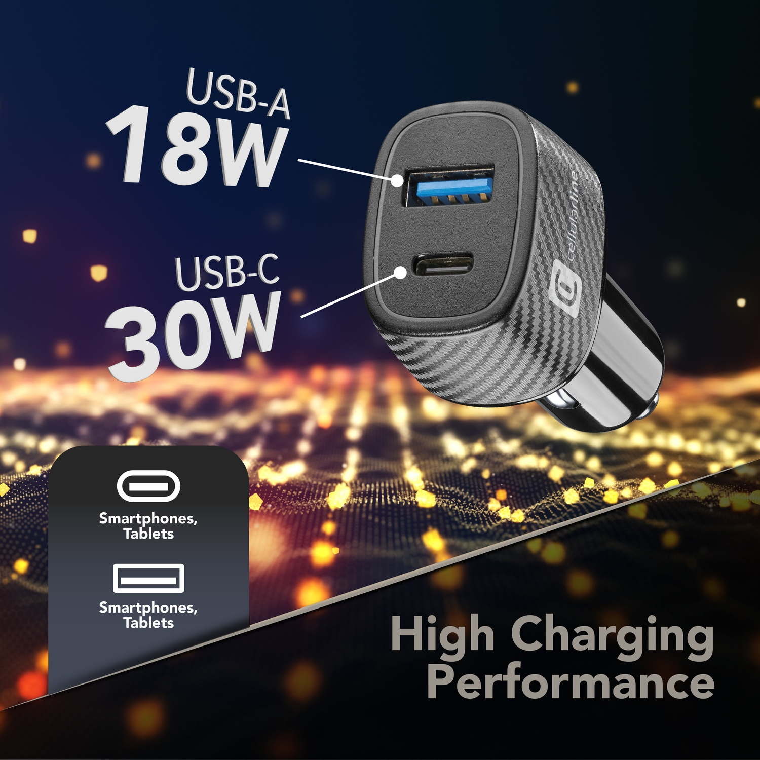 Caricatore con USB-A (18W) e USB-C (30W) per smartphone/tablet.