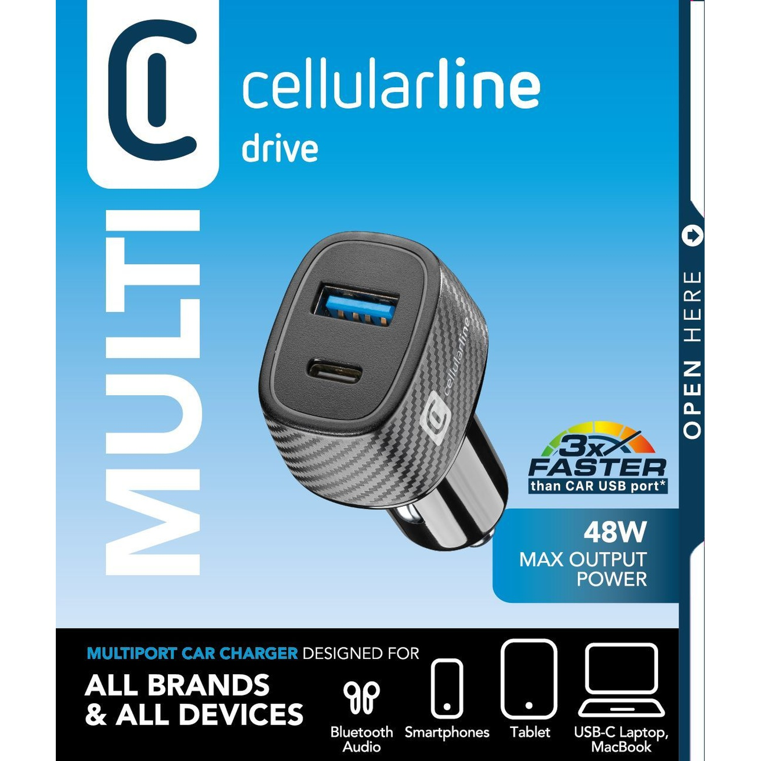 Un caricabatterie auto Cellularline nero con due porte USB, potenza max 48W.