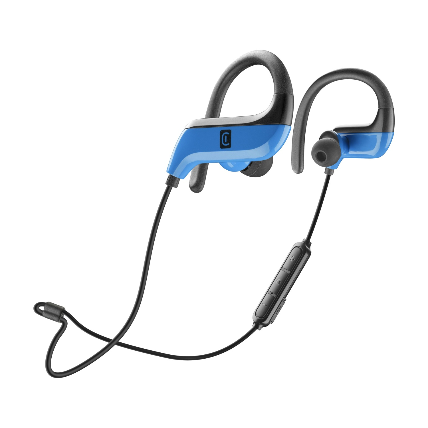 Auricolari sportivi blu e neri con cavo e telecomando in linea.