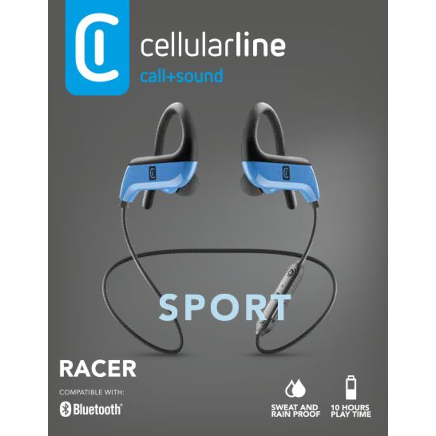 Auricolari blu Cellularline Sport Racer con accenti neri, resistenti al sudore, 10 ore batteria.