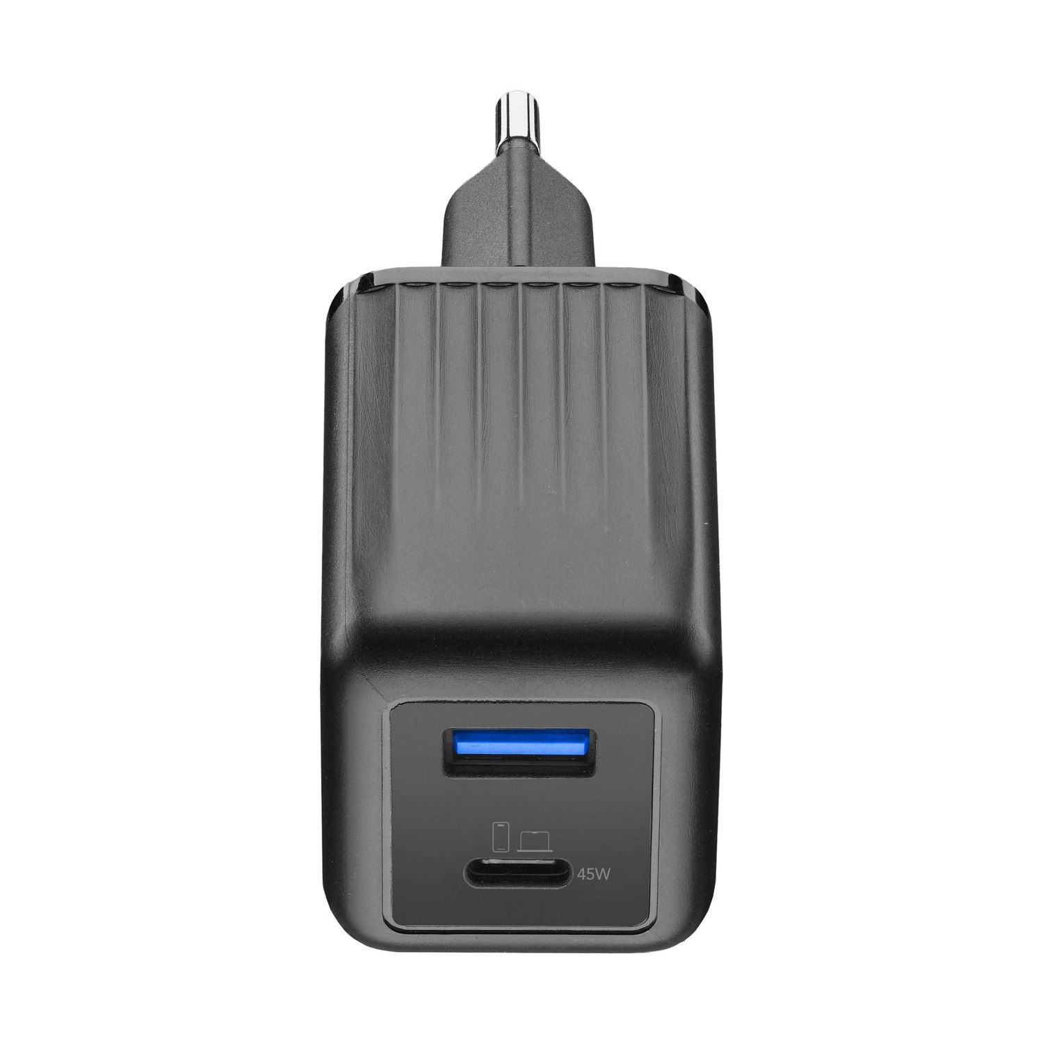Caricatore nero con porte USB-C e USB-A, 45W.