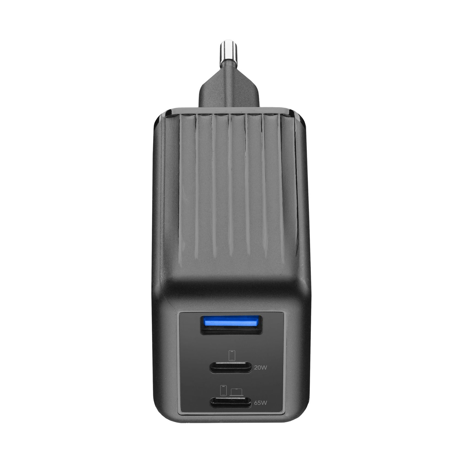 Caricatore grigio con due porte USB-C, 20W e 65W.