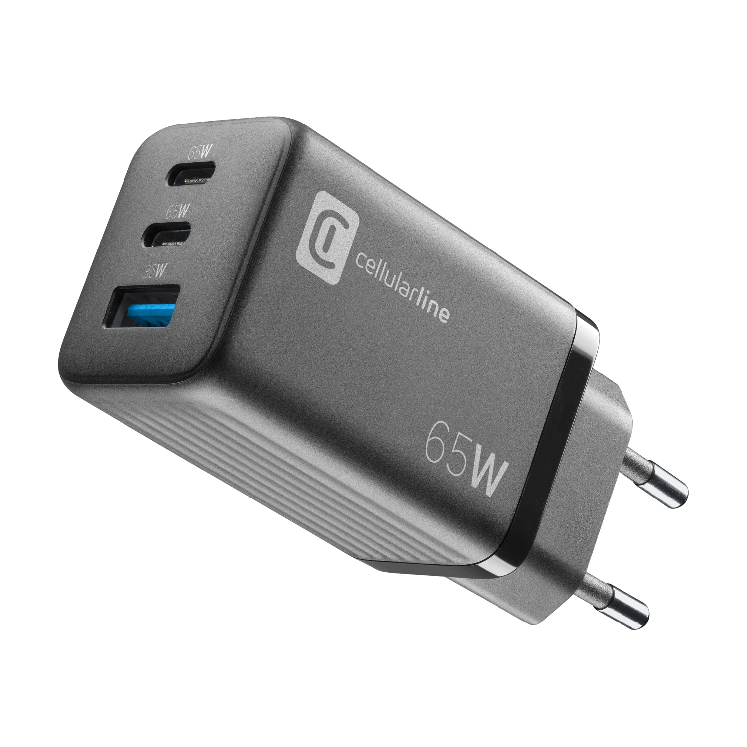 Caricatore grigio Cellularline da 65W con 3 porte USB e spina UE.