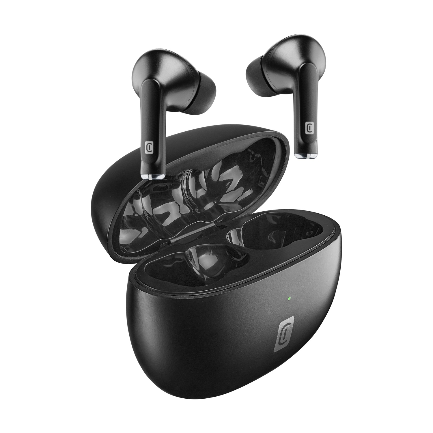 Auricolari wireless neri e custodia di ricarica aperta con logo. Un auricolare è nella custodia, due fuori.