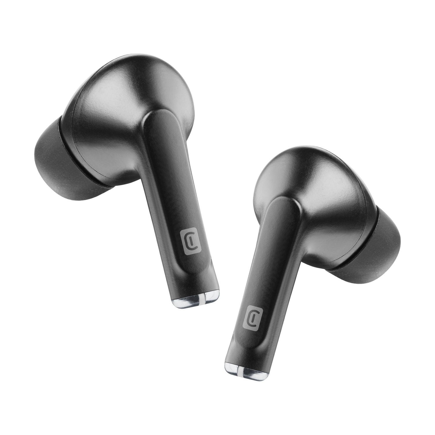 Due auricolari wireless neri con accenti argentati su sfondo bianco.