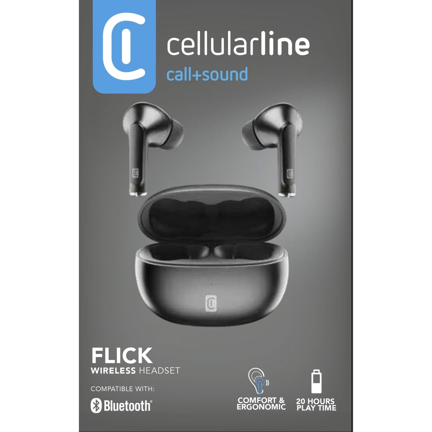 Auricolari wireless neri con custodia di ricarica. Logo Cellularline in alto.