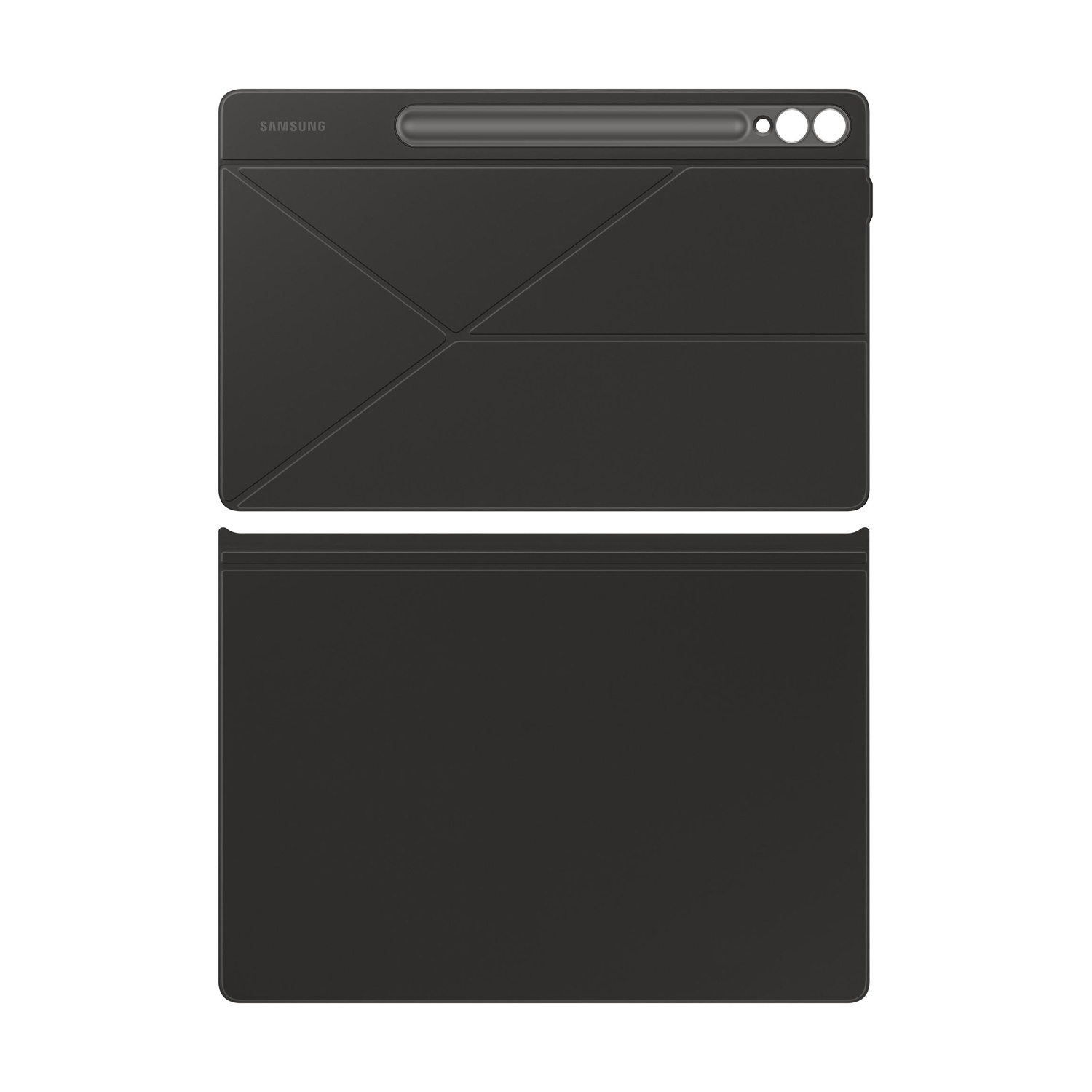 Copertina nera per tablet Samsung con portapenne e design pieghevole.