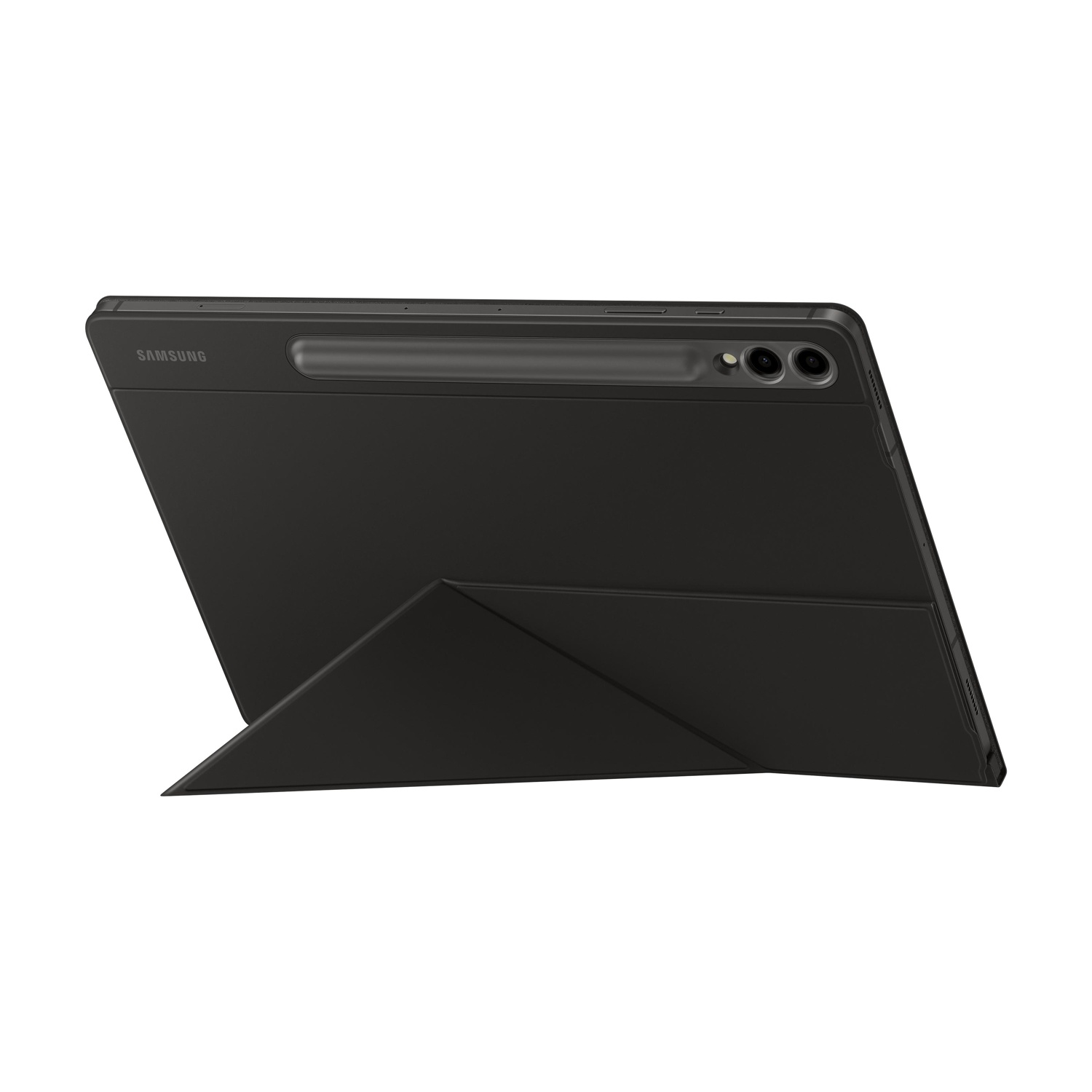 Tablet nero con logo Samsung e porta stilo in piedi.