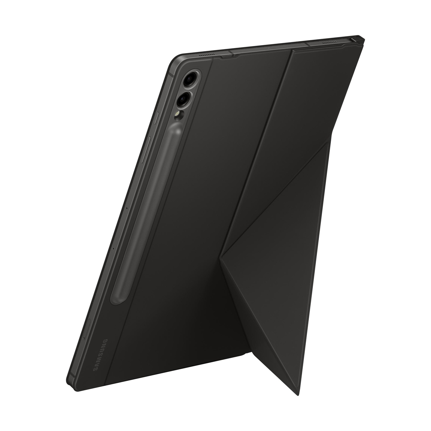 Tablet nero con supporto nero su sfondo bianco.