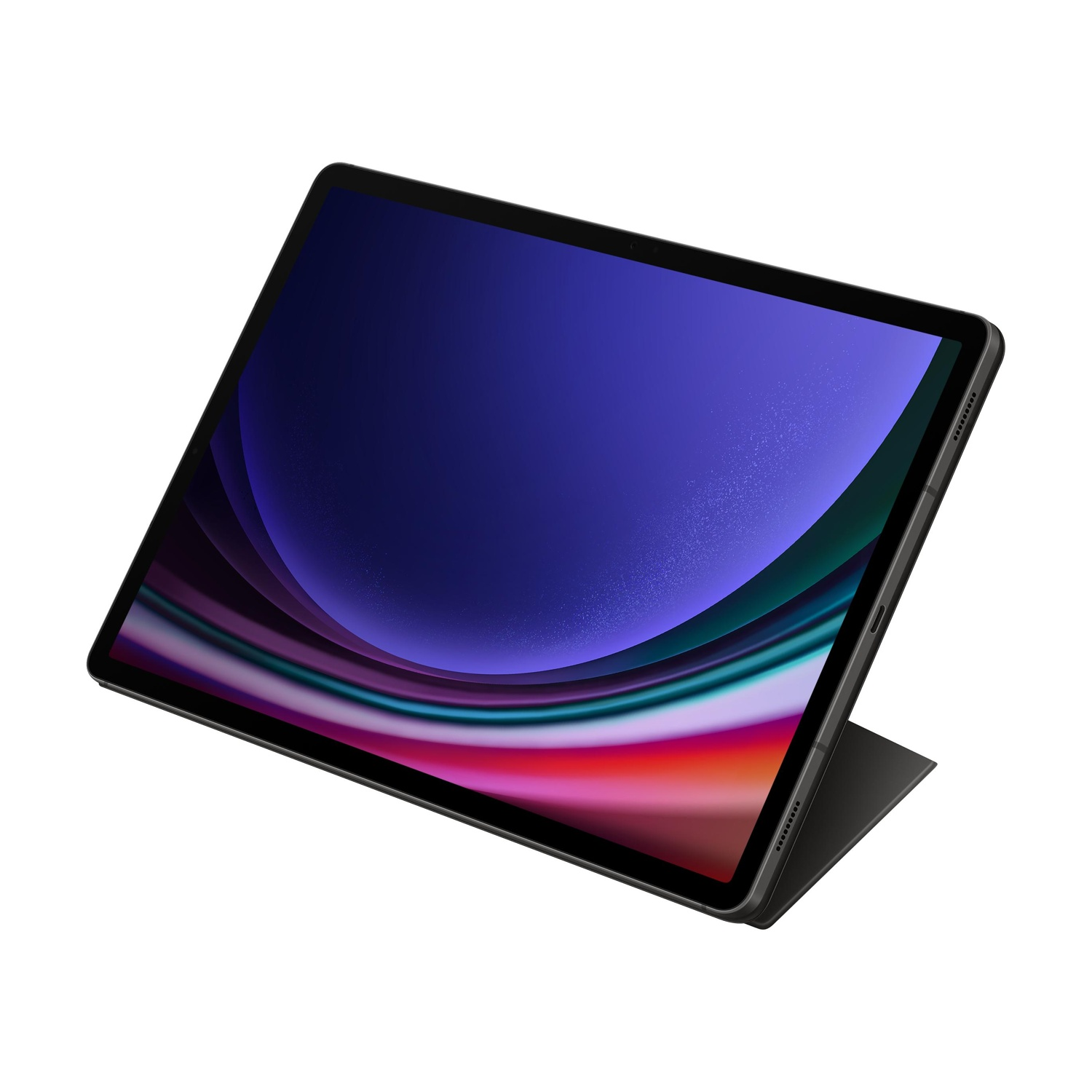 Un tablet nero con uno sfondo colorato, in piedi su un supporto.