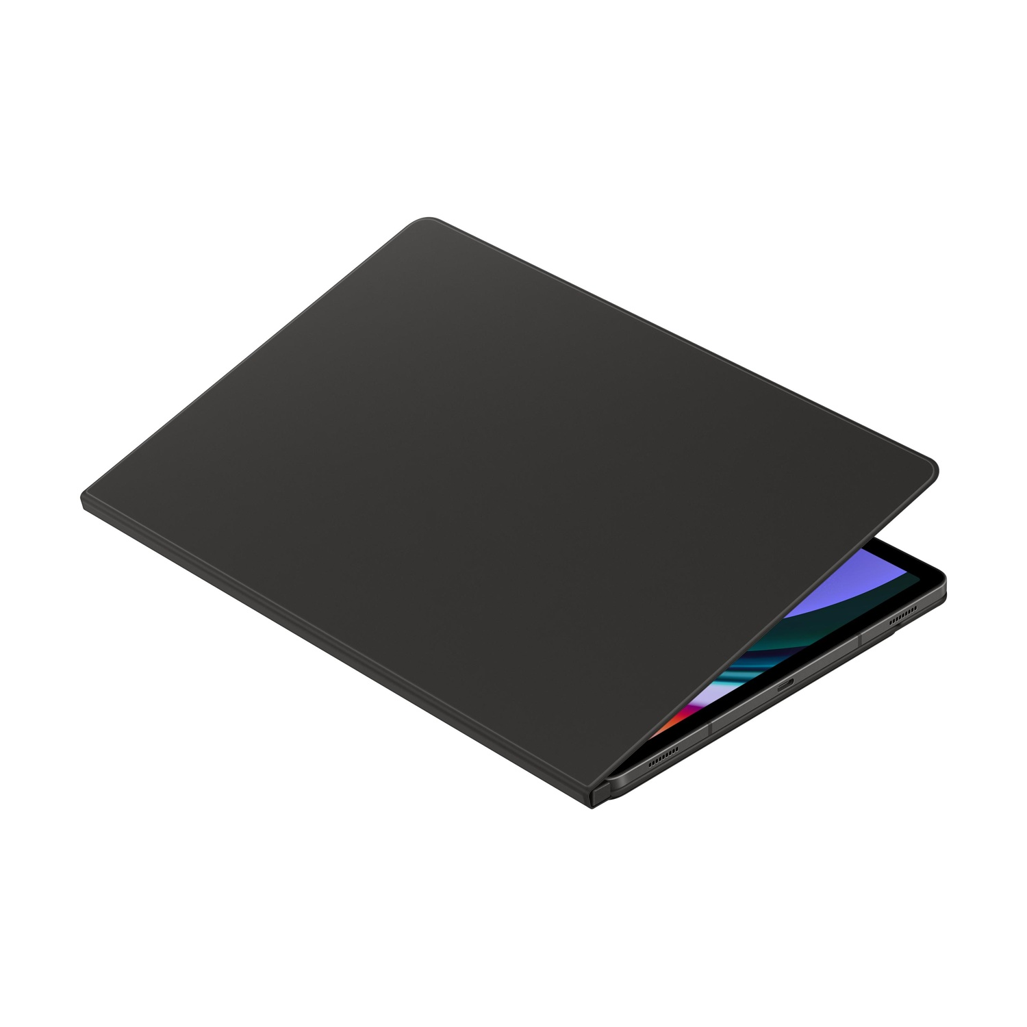 Un tablet nero con la custodia aperta, su sfondo bianco.