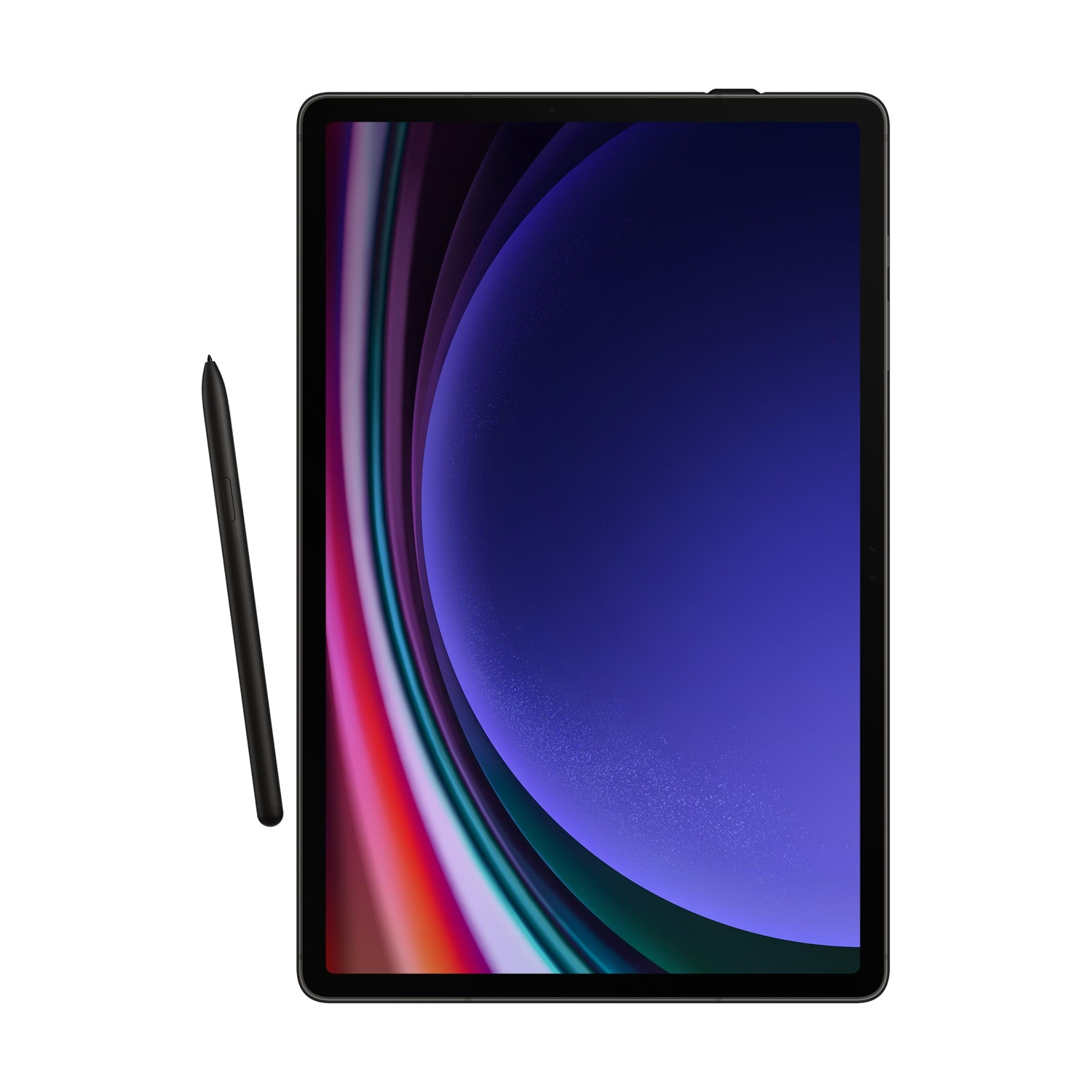 Uno stilo nero accanto a un tablet con sfondo blu e colorato.