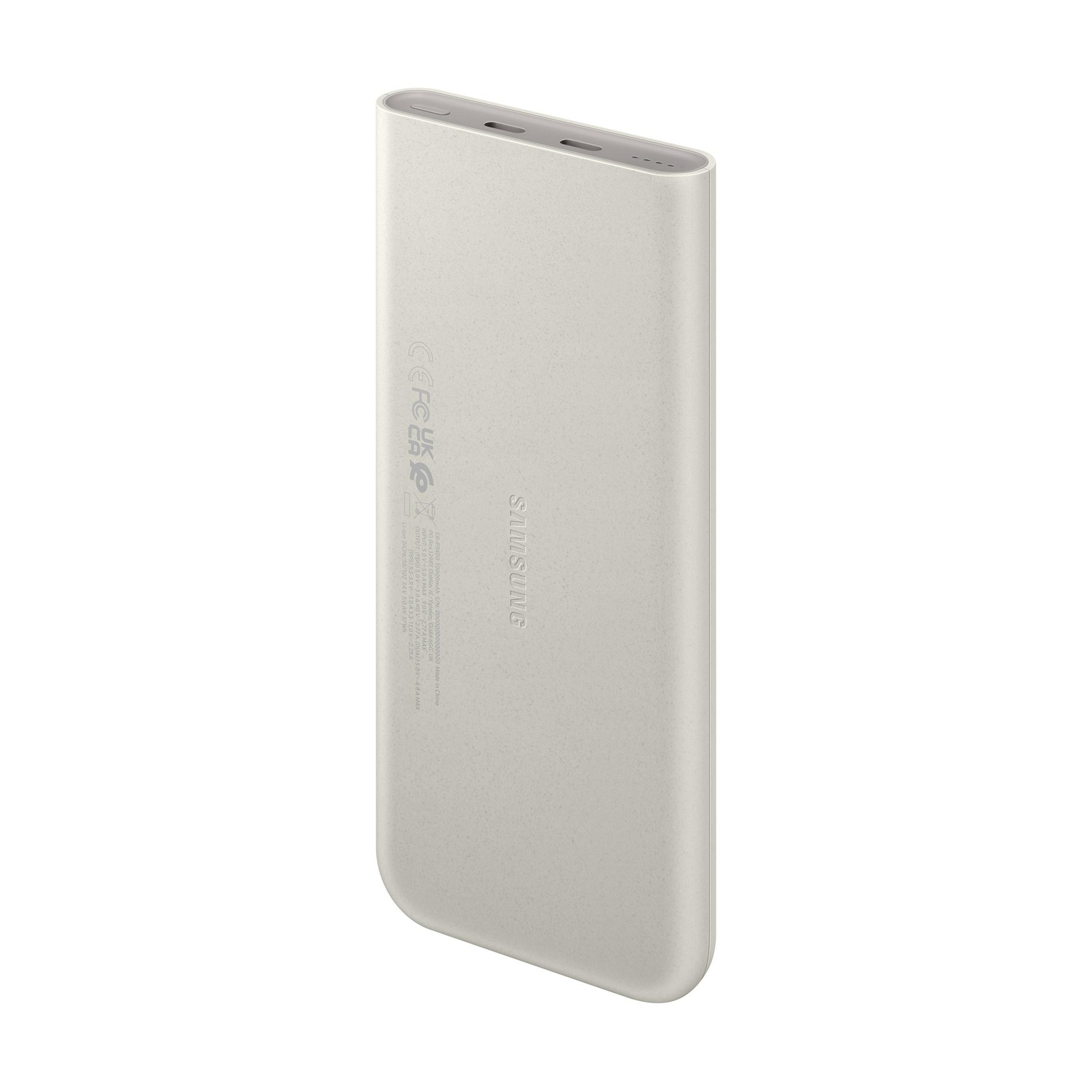 Un power bank Samsung di colore chiaro con logo e indicatori.