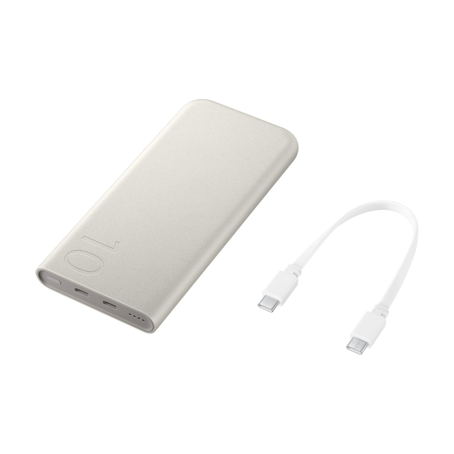 Un power bank beige chiaro con "10" e un cavo USB-C bianco.