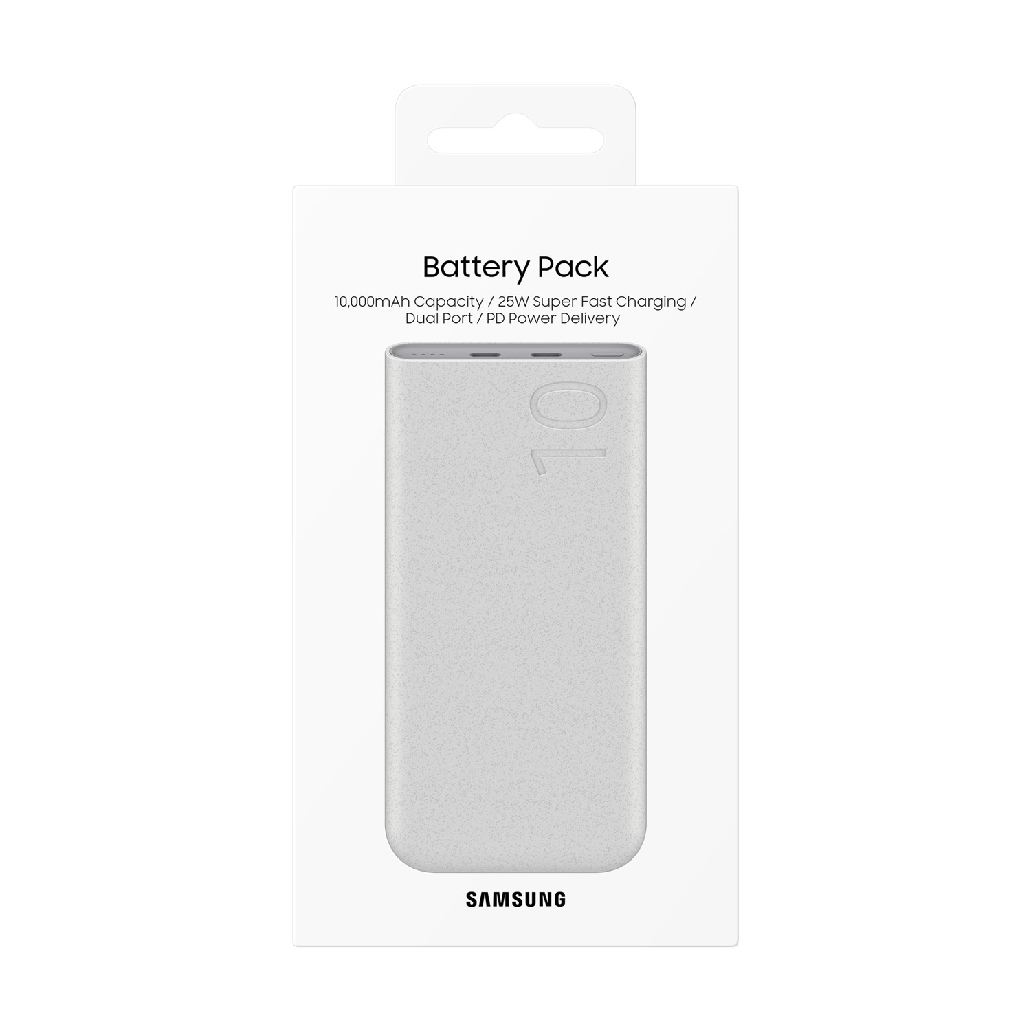 Confezione bianca per un power bank Samsung da 10.000mAh 25W.