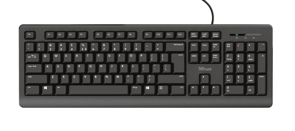 Czarna klawiatura komputerowa z układem QWERTZ i klawiaturą numeryczną.