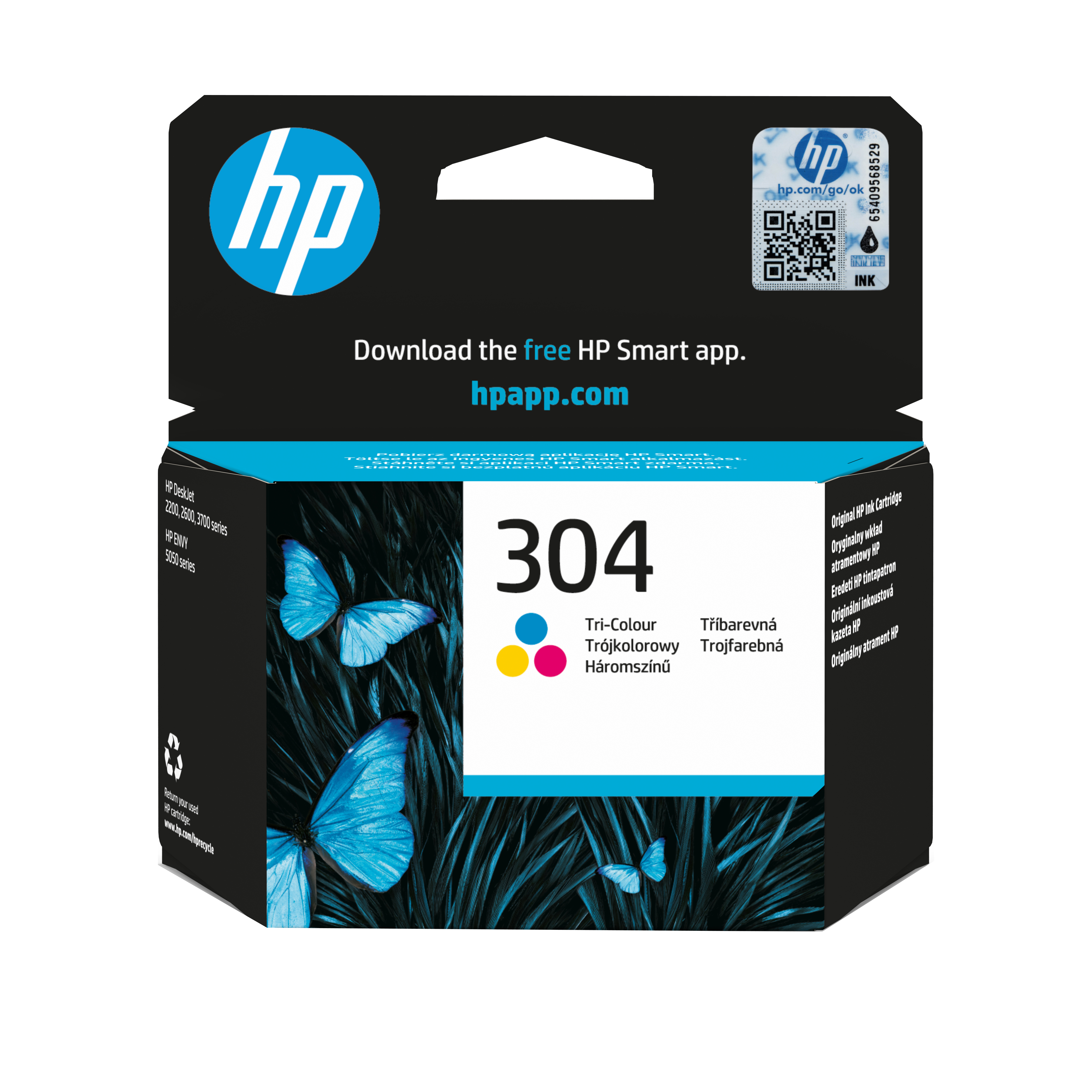 Tusz HP 304 Trójkolorowy z trzema niebieskimi motylami na ciemnym tle.