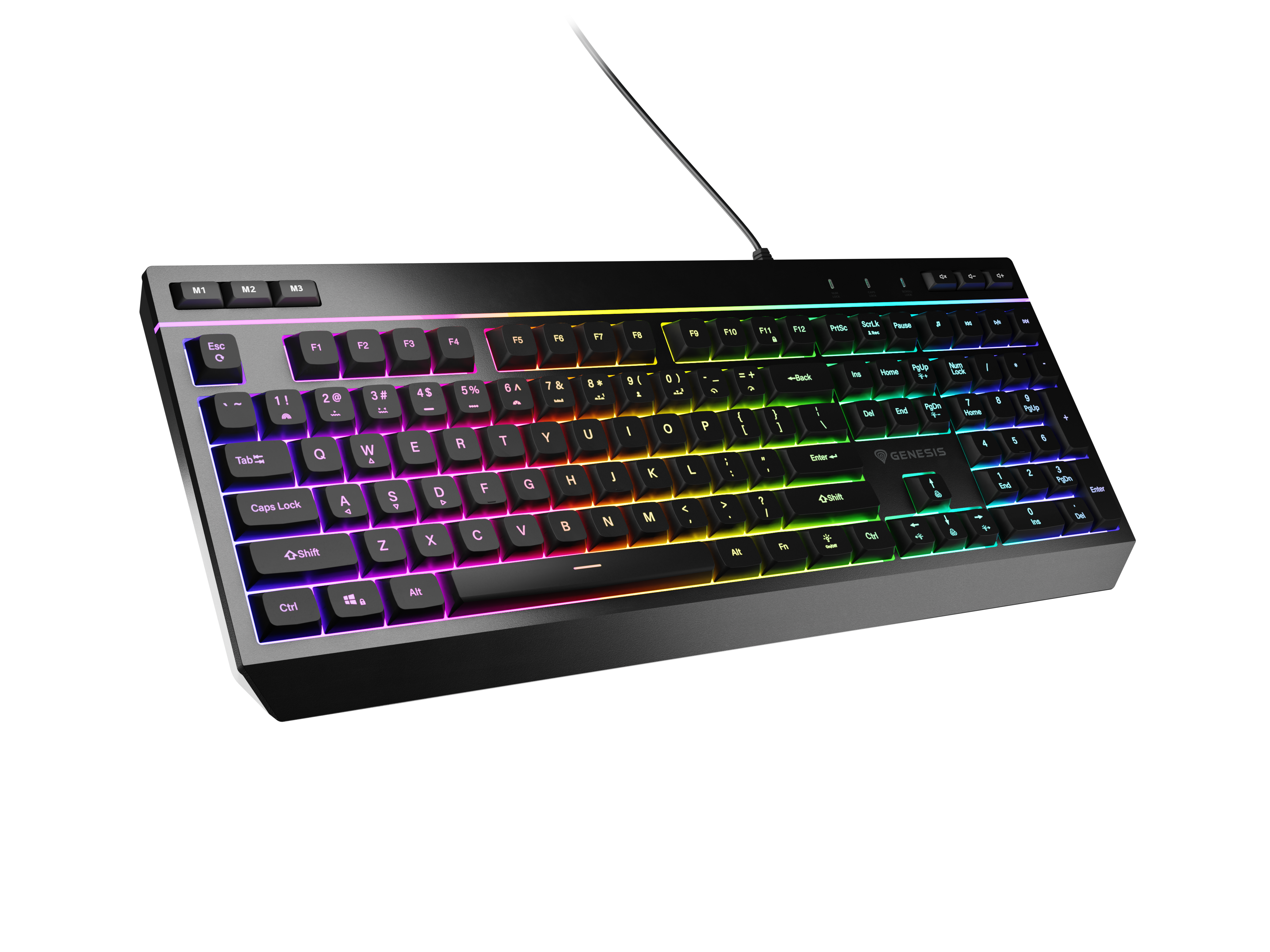 Czarna klawiatura gamingowa z podświetleniem RGB na czarnym tle.