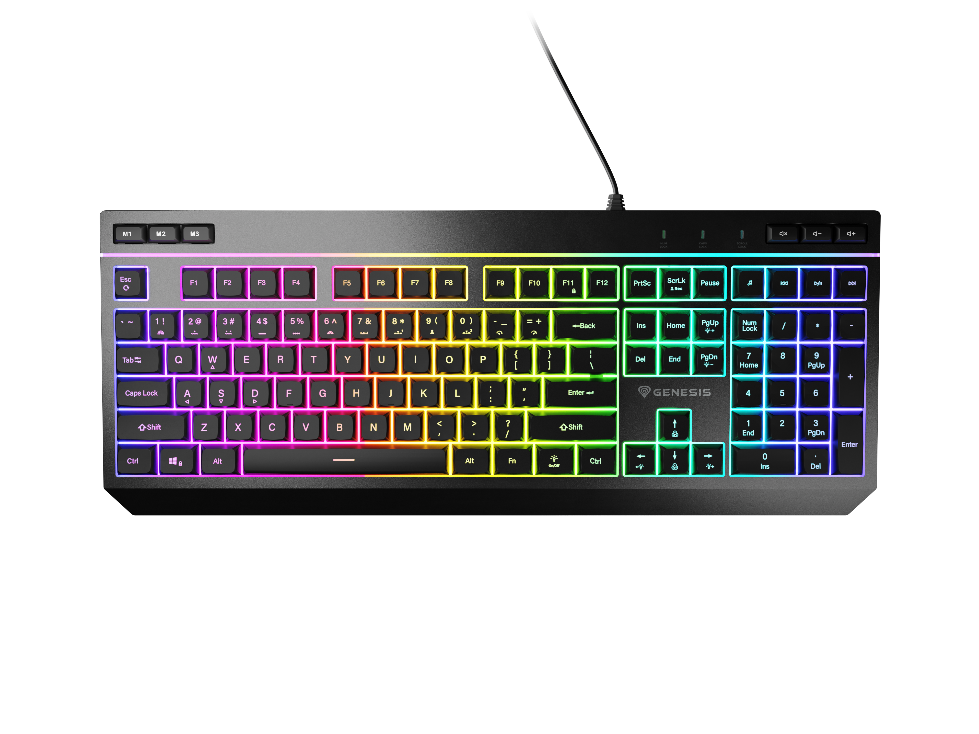 Czarna klawiatura z podświetleniem RGB świecącym kolorami tęczy.