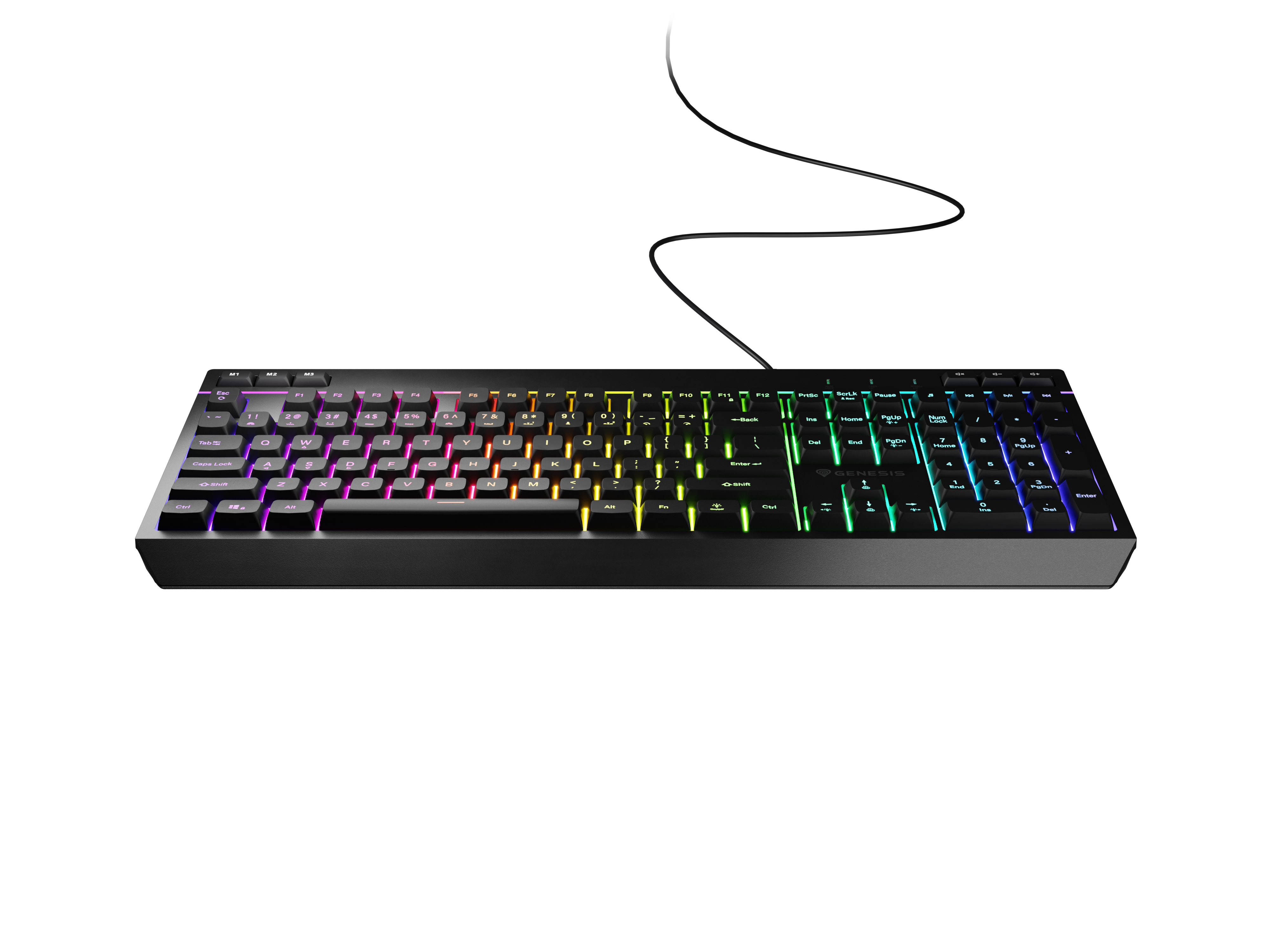Czarna klawiatura z podświetleniem RGB na czarnym tle.