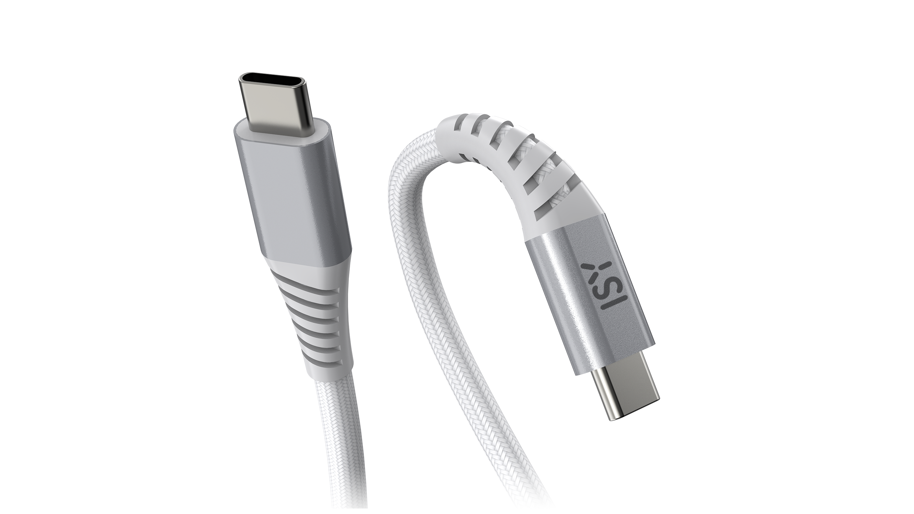 Dwa białe kable USB-C ze srebrnymi złączami na czarnym tle.