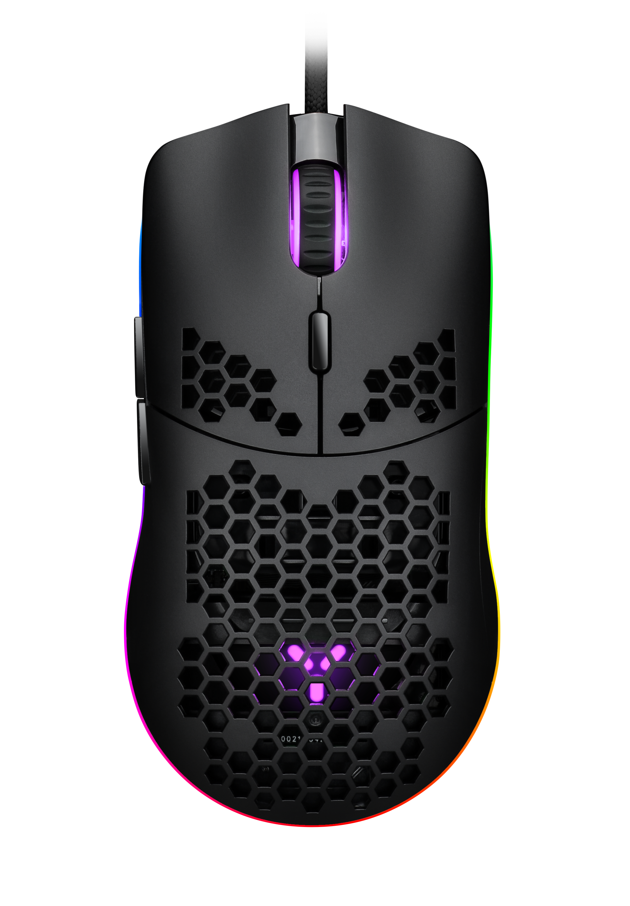 Czarna mysz gamingowa z motywem plastra miodu i oświetleniem RGB.