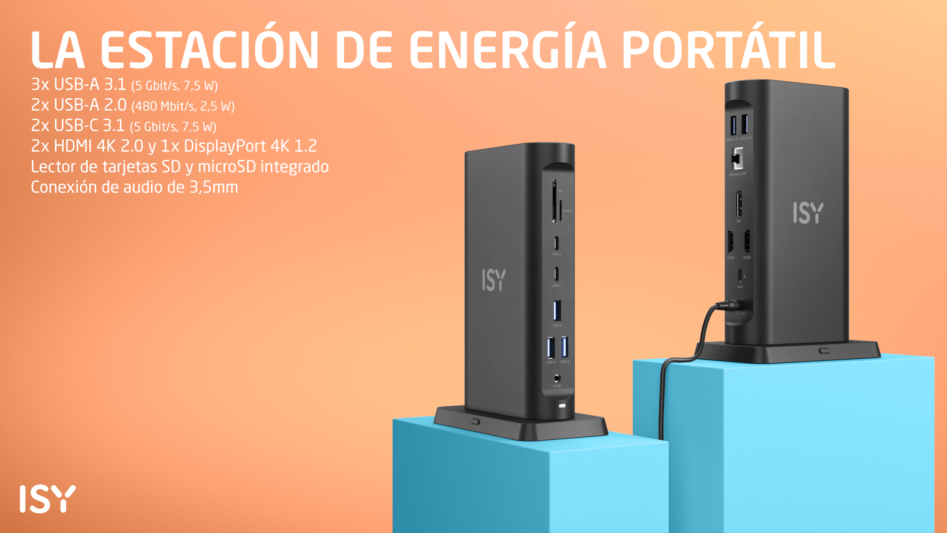 Dwie czarne stacje dokujące ISY na niebieskich sześcianach, z portami.