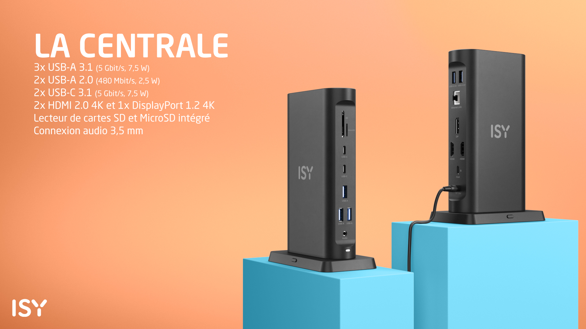 Dwie czarne stacje dokujące ISY na niebieskich sześcianach, pokazujące różne porty.