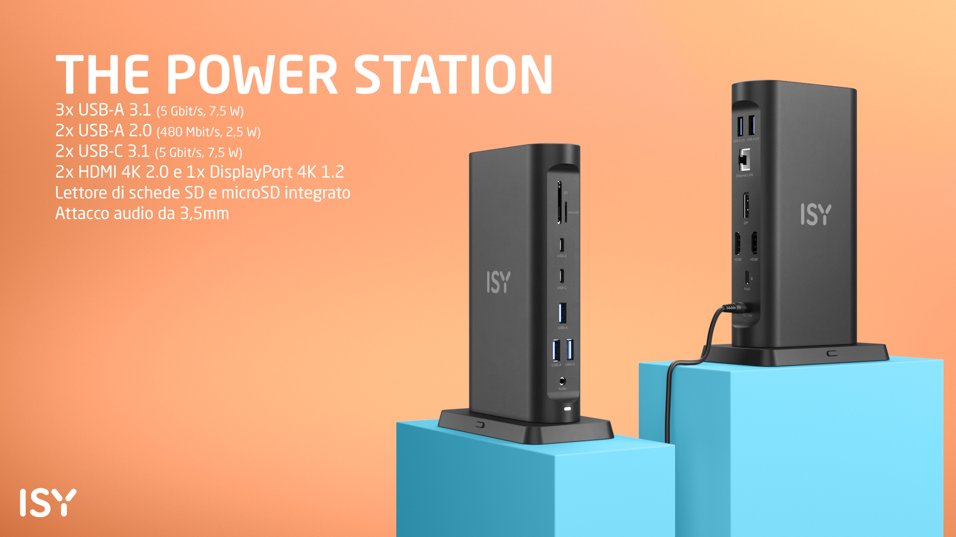 Dwie czarne stacje dokujące ISY z portami na jasnoniebieskim i pomarańczowym tle.