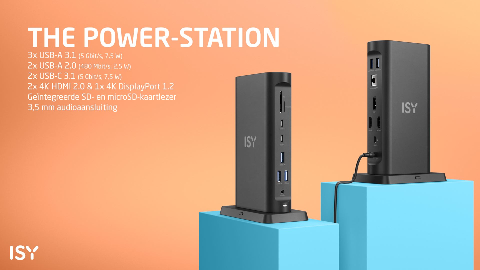 Dwie czarne stacje dokujące ISY z portami na pomarańczowym tle.