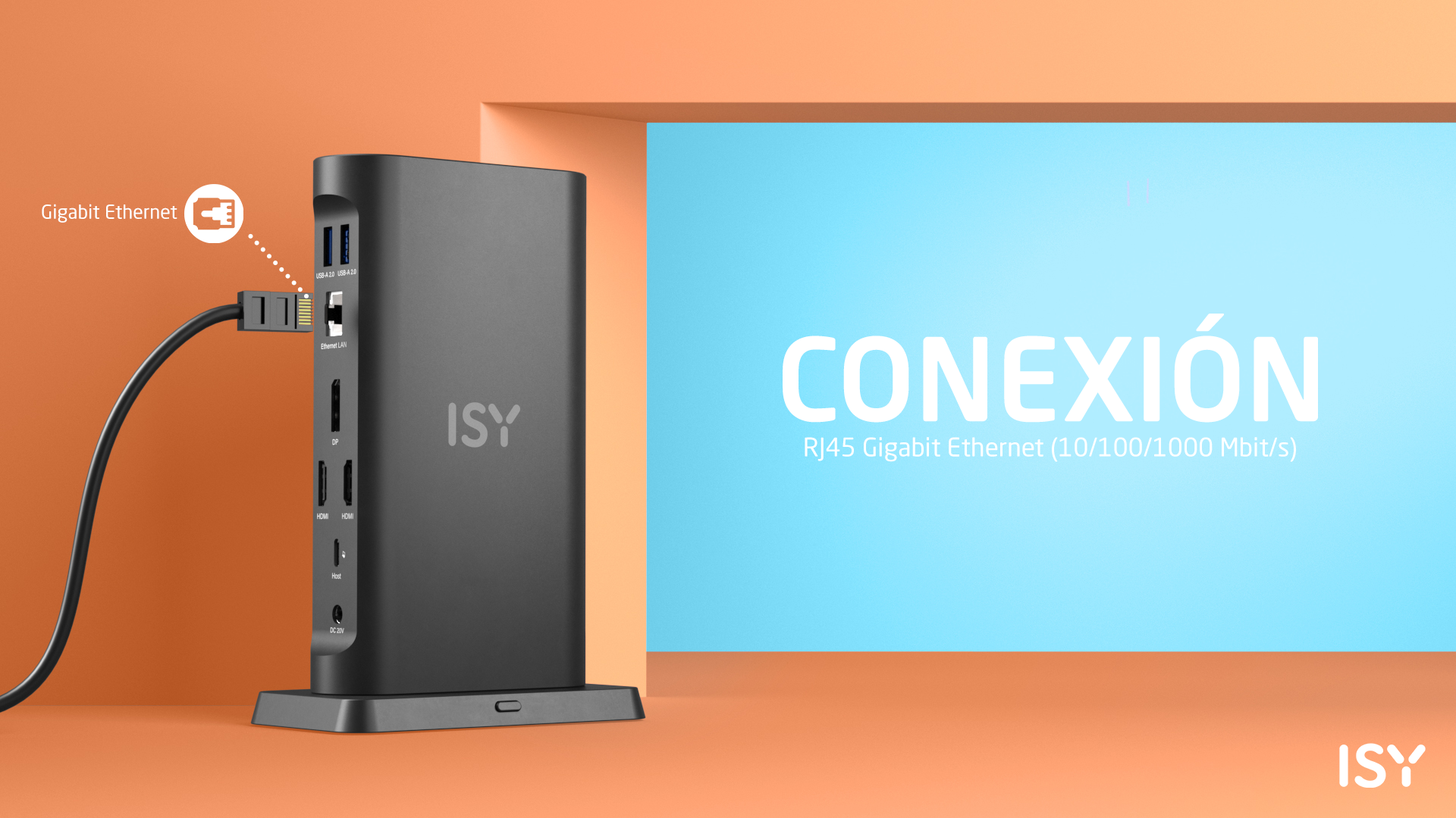 Czarny sprzęt ISY z podłączonym kablem Ethernet. Tekst: Gigabit Ethernet.