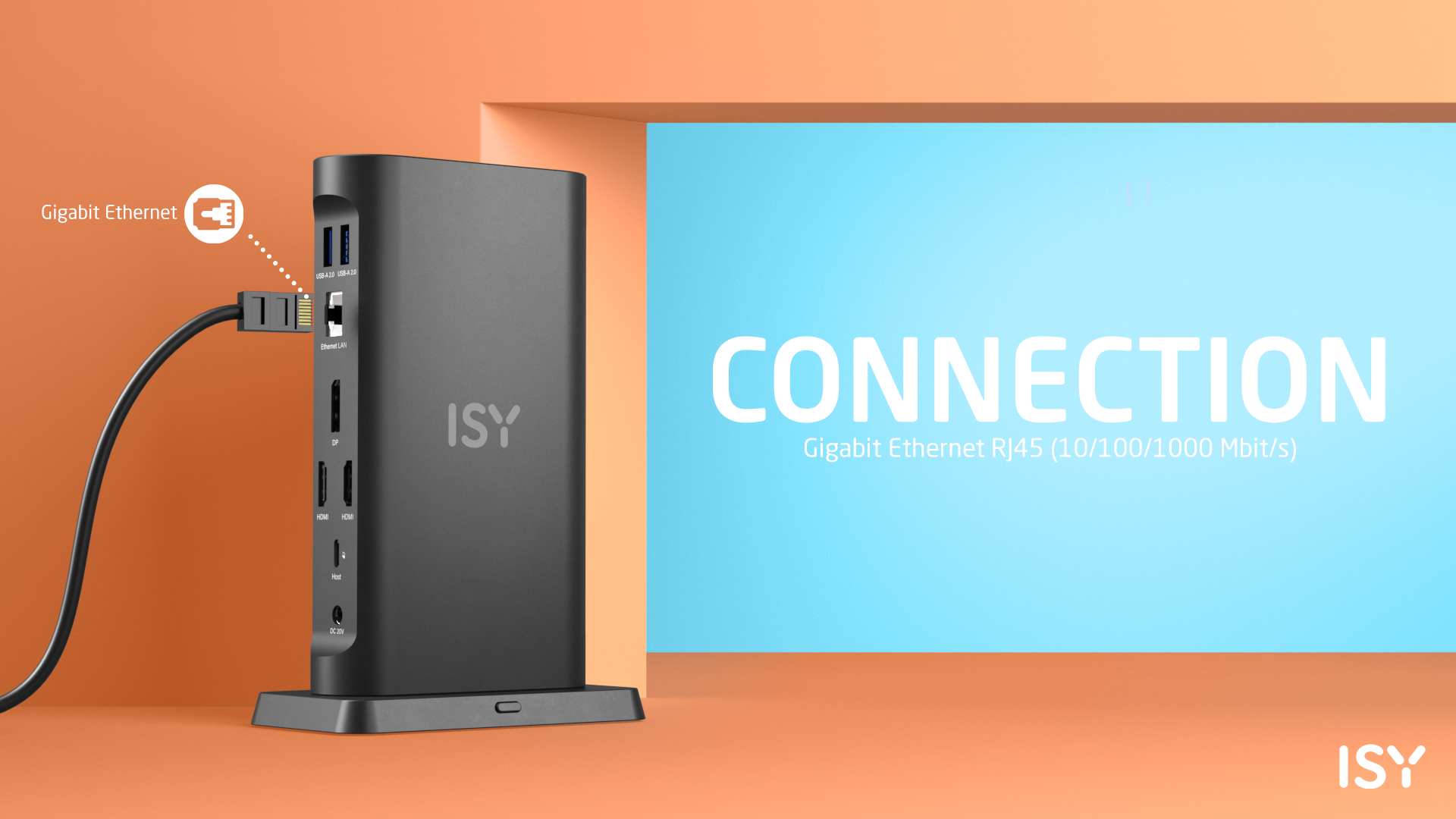 Czarny hub ISY z podłączonym kablem Ethernet.