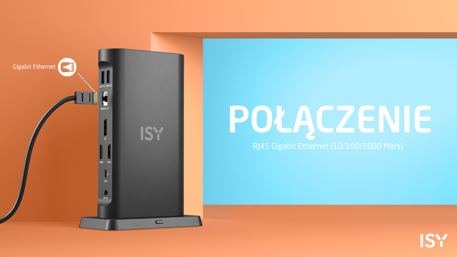 Czarny sprzęt ISY z podłączonym kablem Ethernet do portu LAN.