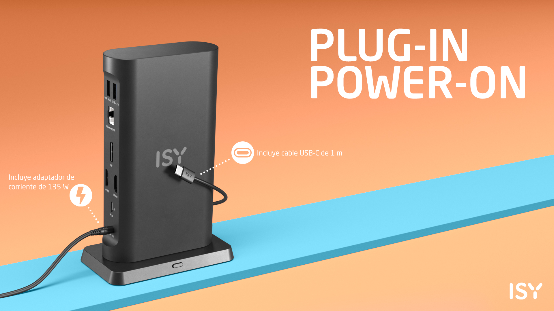 Czarny hub ISY z portami, zasilaczem i kablem USB-C.