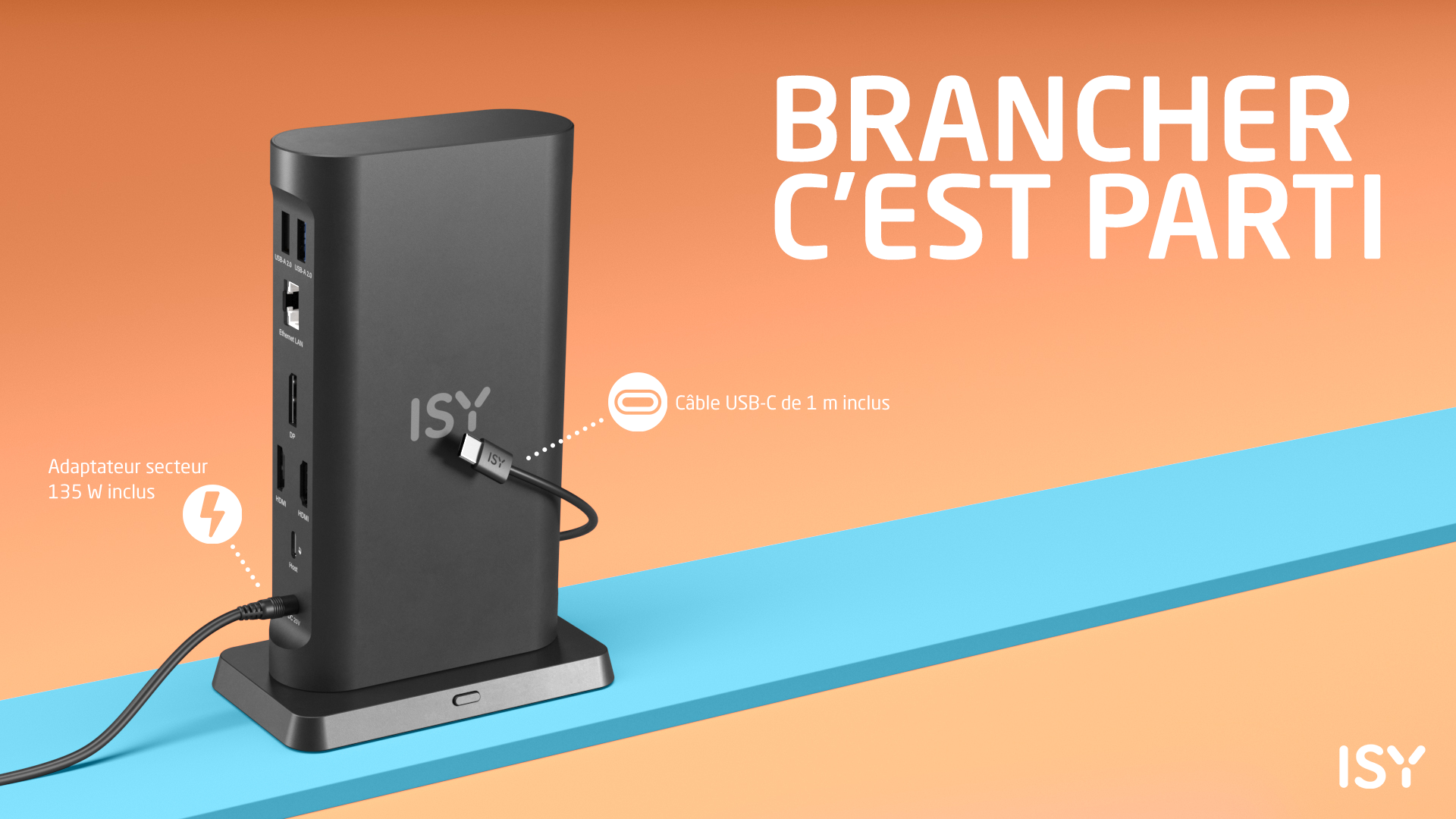 Czarny hub ISY z portami, zasilaczem i kablem USB-C.