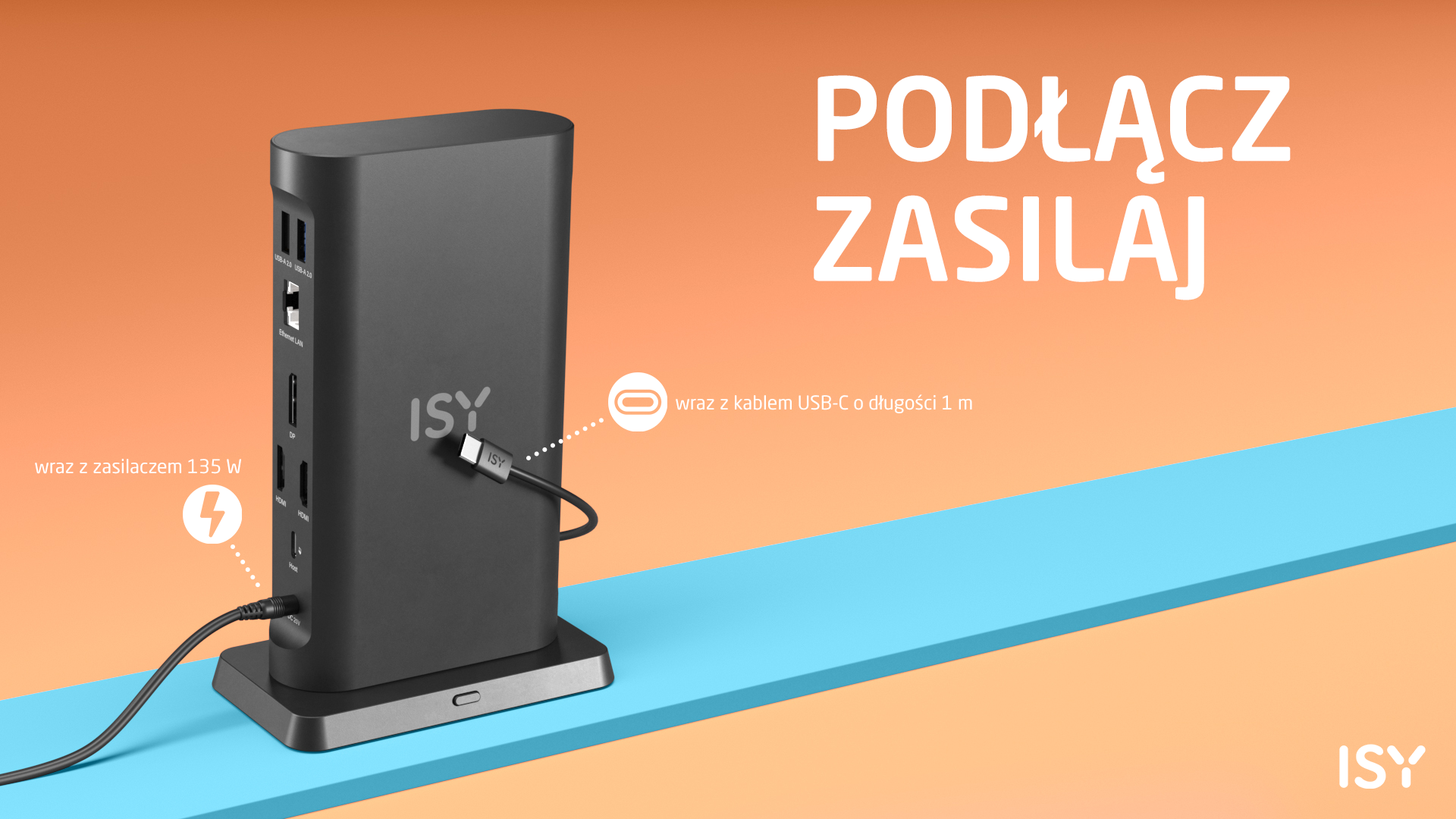 Czarna stacja dokująca ISY z kablem USB-C i zasilaczem 135W.