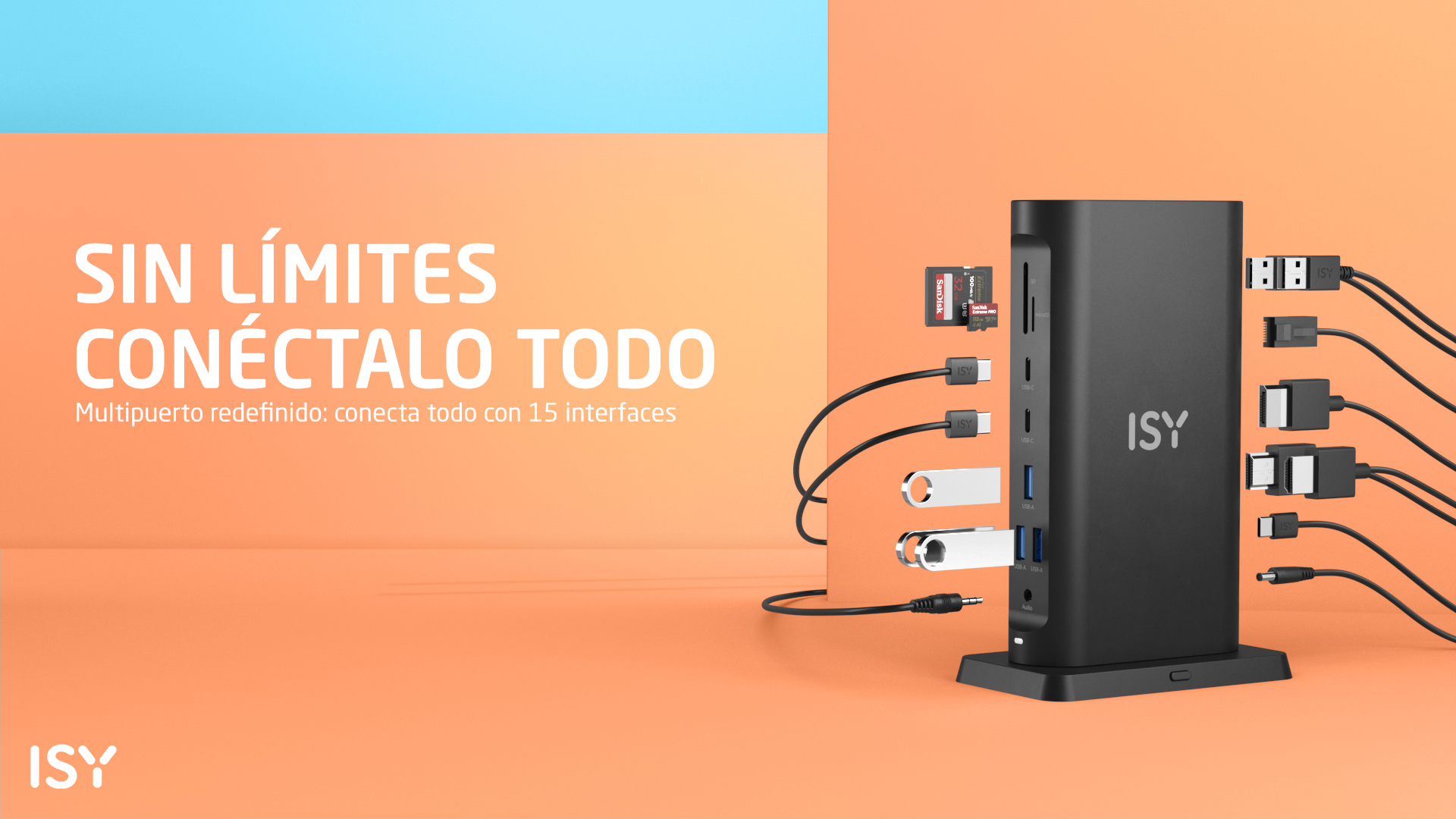 Czarny hub ISY z wieloma portami, kartą SD i podłączonymi pendrive'ami.