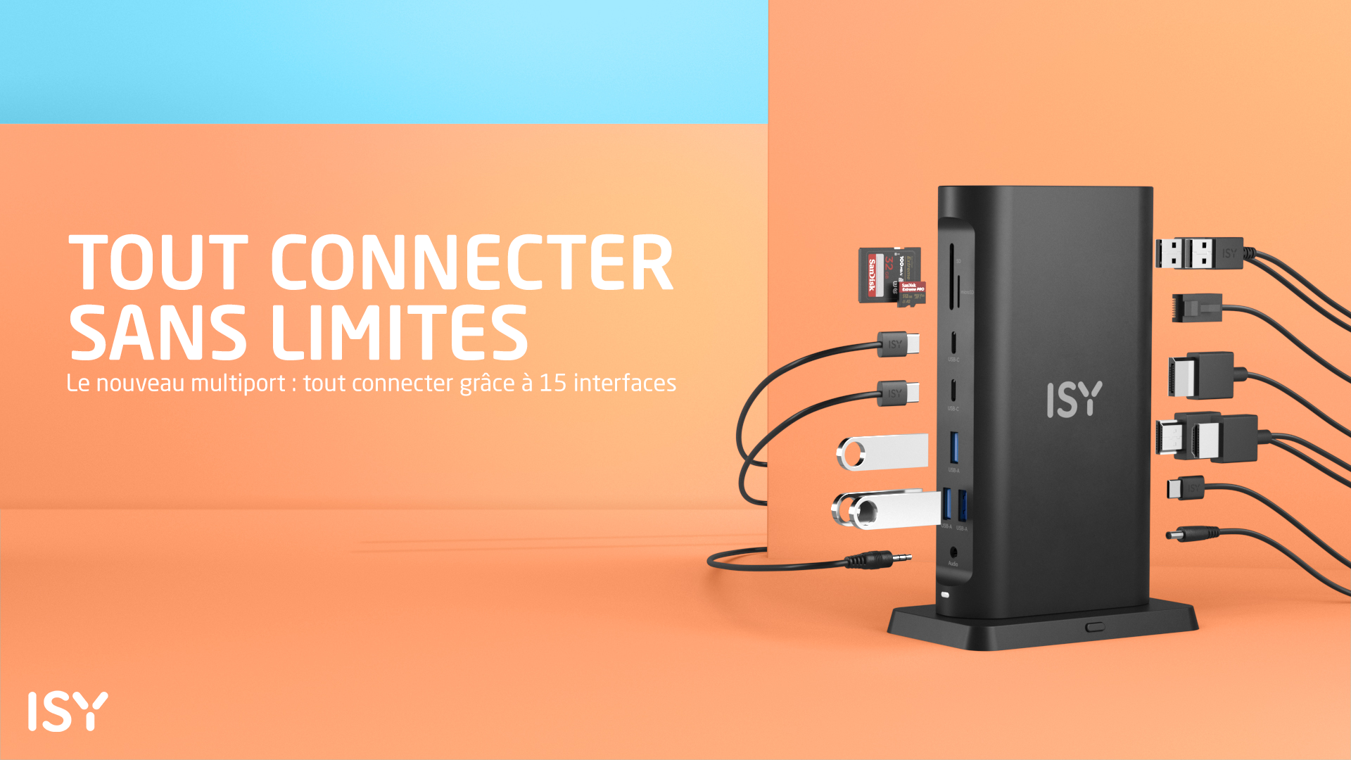 Czarny hub ISY z wieloma portami, kartą SD, pendrive'ami i kablami.