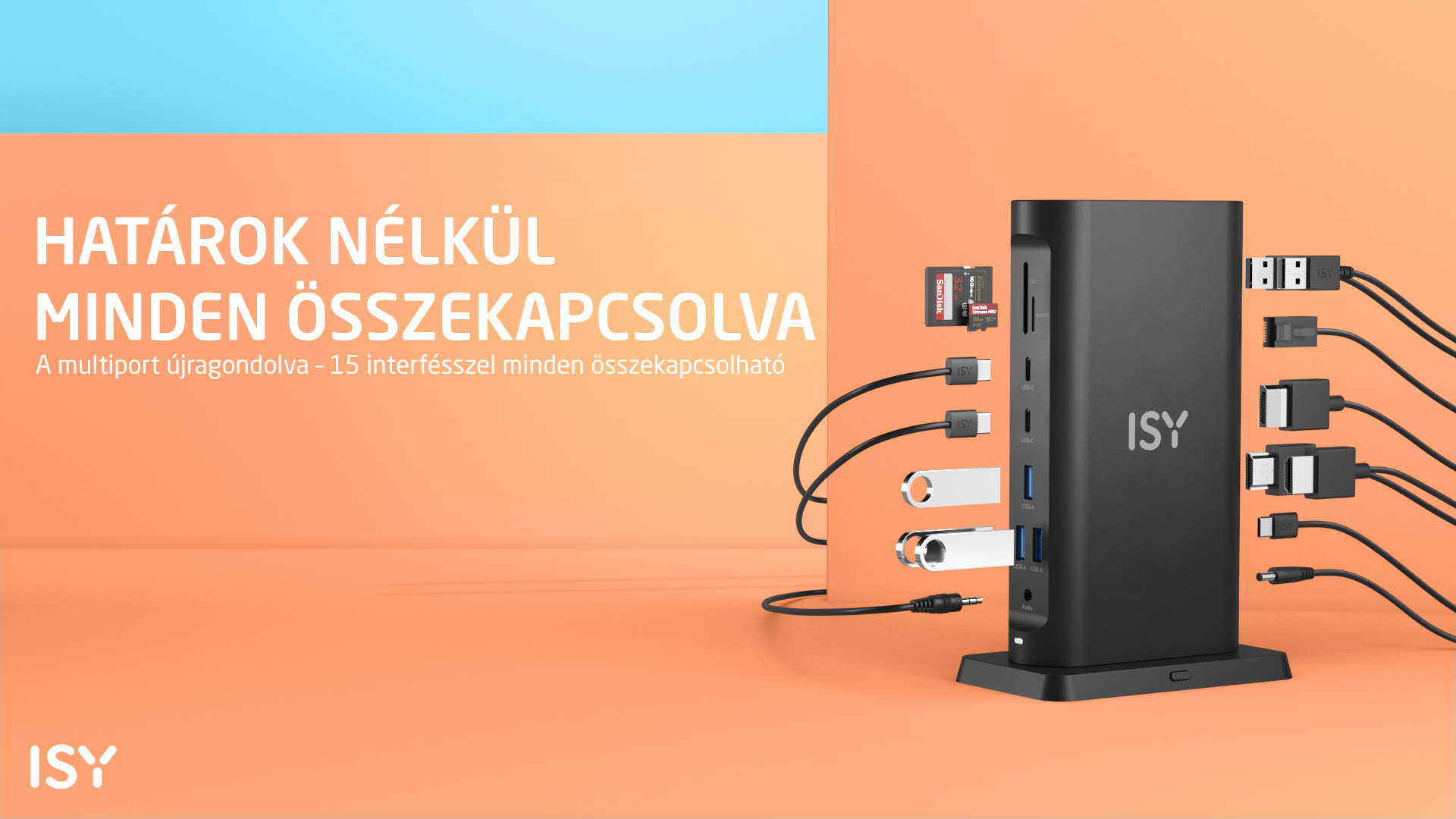 Hub ISY z wieloma portami: USB, HDMI, karta SD, audio. Pomarańczowe tło.