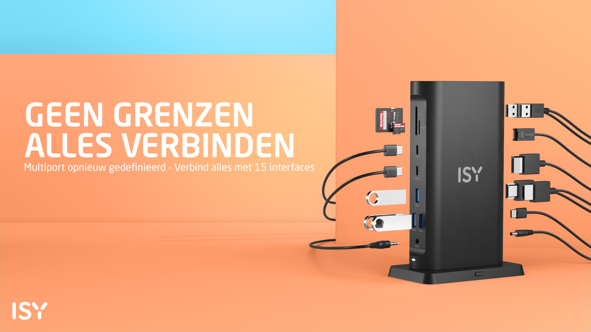 Czarny adapter multiport ISY z kartą SD, pendrive'ami i kablami.