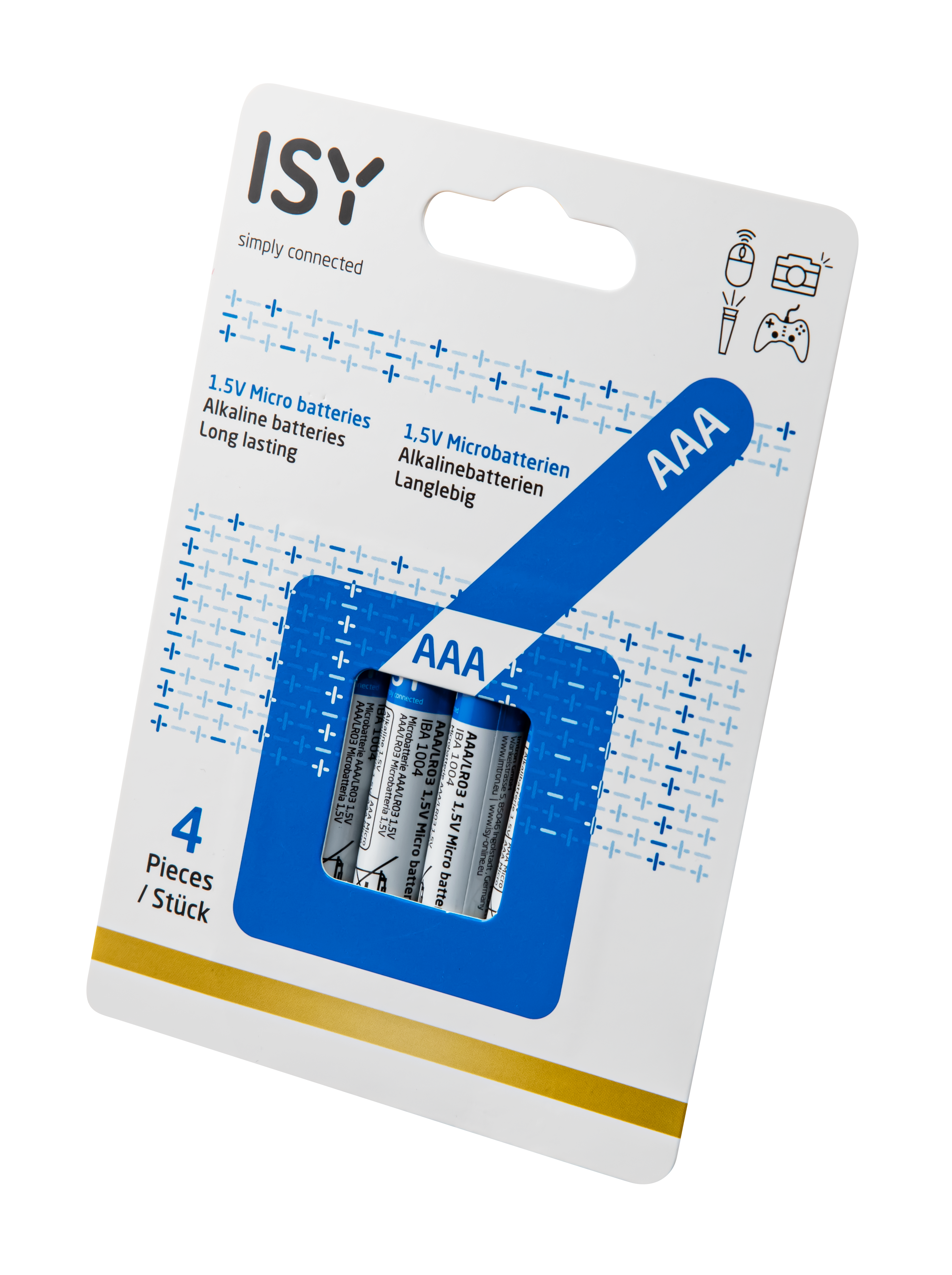 Baterie AAA marki ISY, opakowanie 4 szt. Ikony myszy, aparatu, latarki, kontrolera.