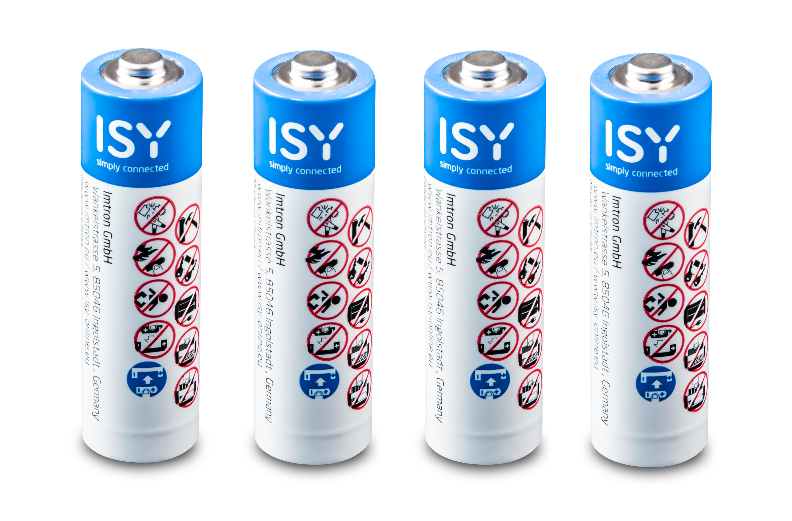 Cztery baterie ISY z niebieskimi nakładkami i symbolami ostrzegawczymi, na białym tle.