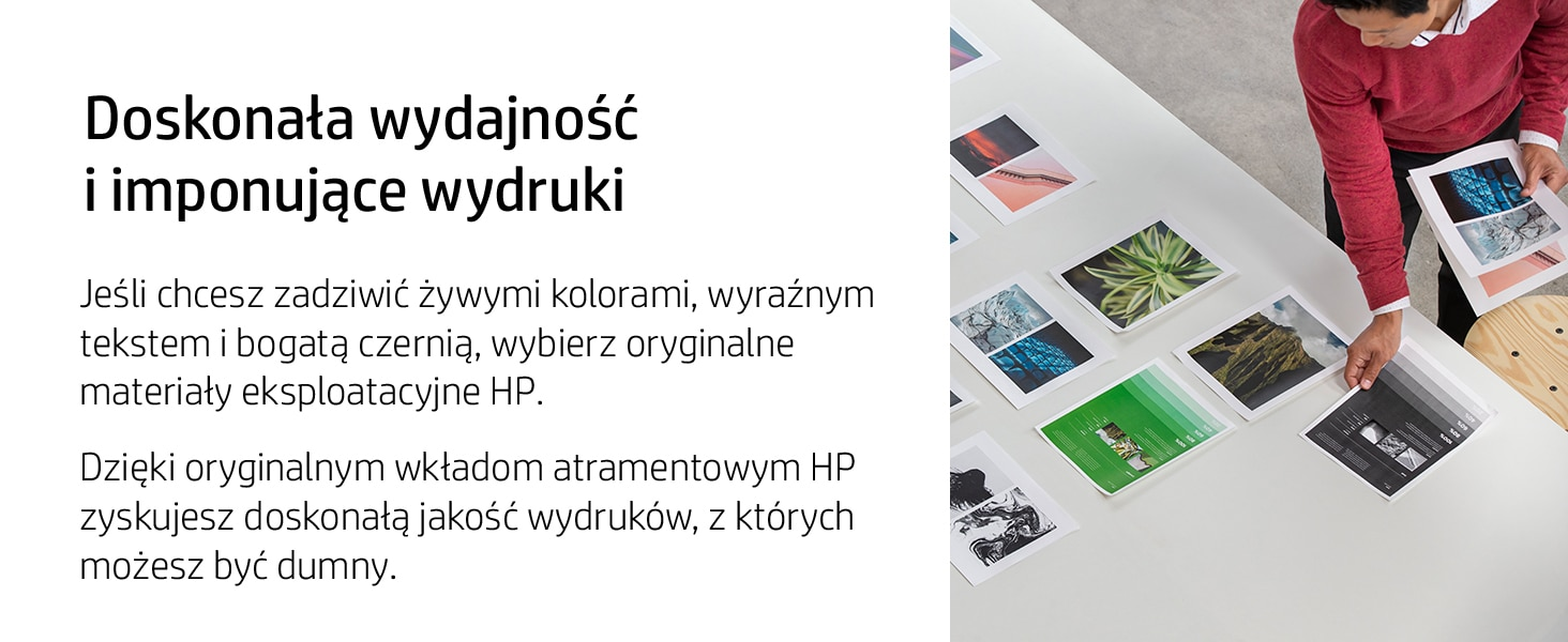 Mężczyzna sortuje wydruki z krajobrazami i roślinami na stole.